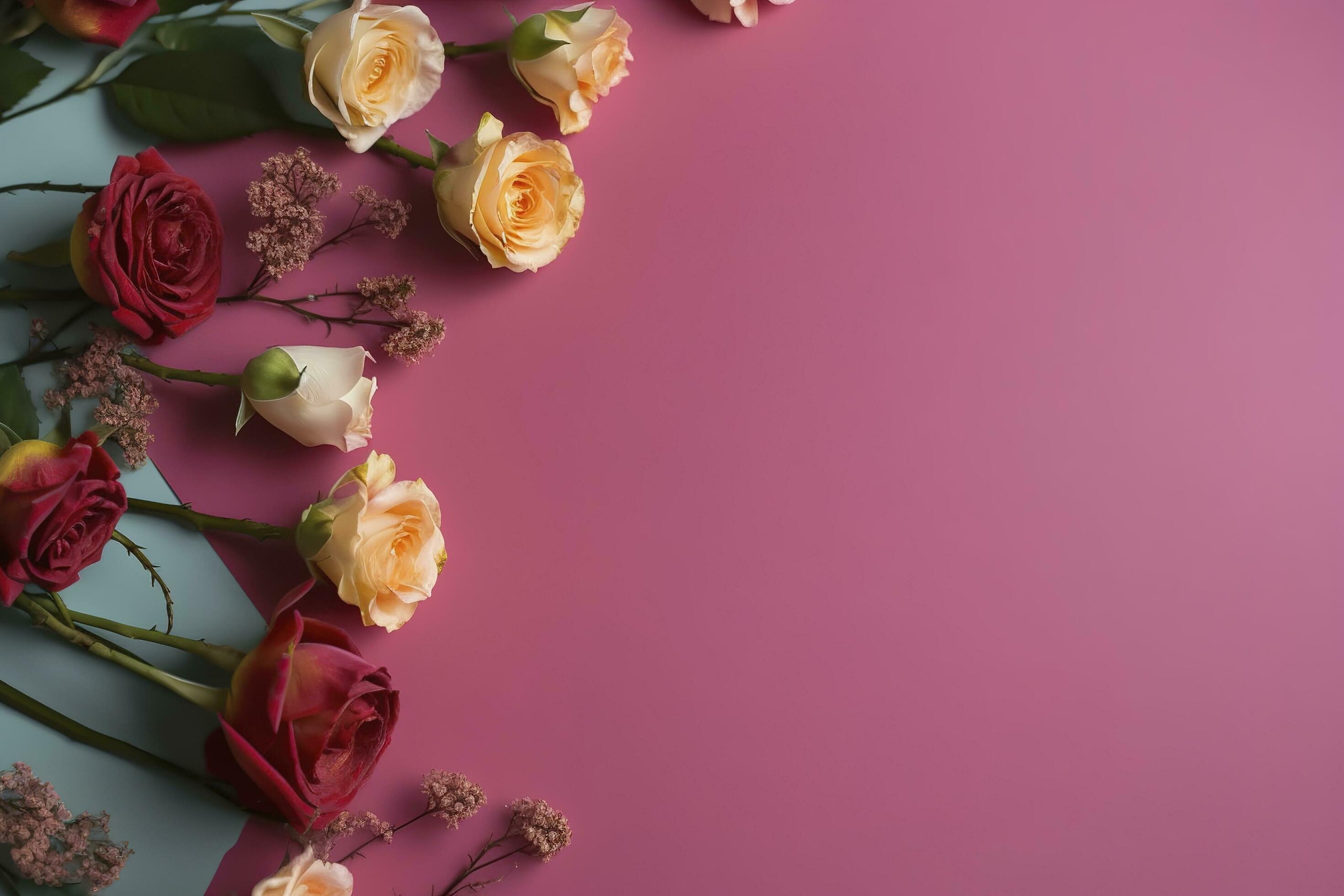 Roses Flower Arrangement, Copy Space, Flat Lay , generate ai Stock Free