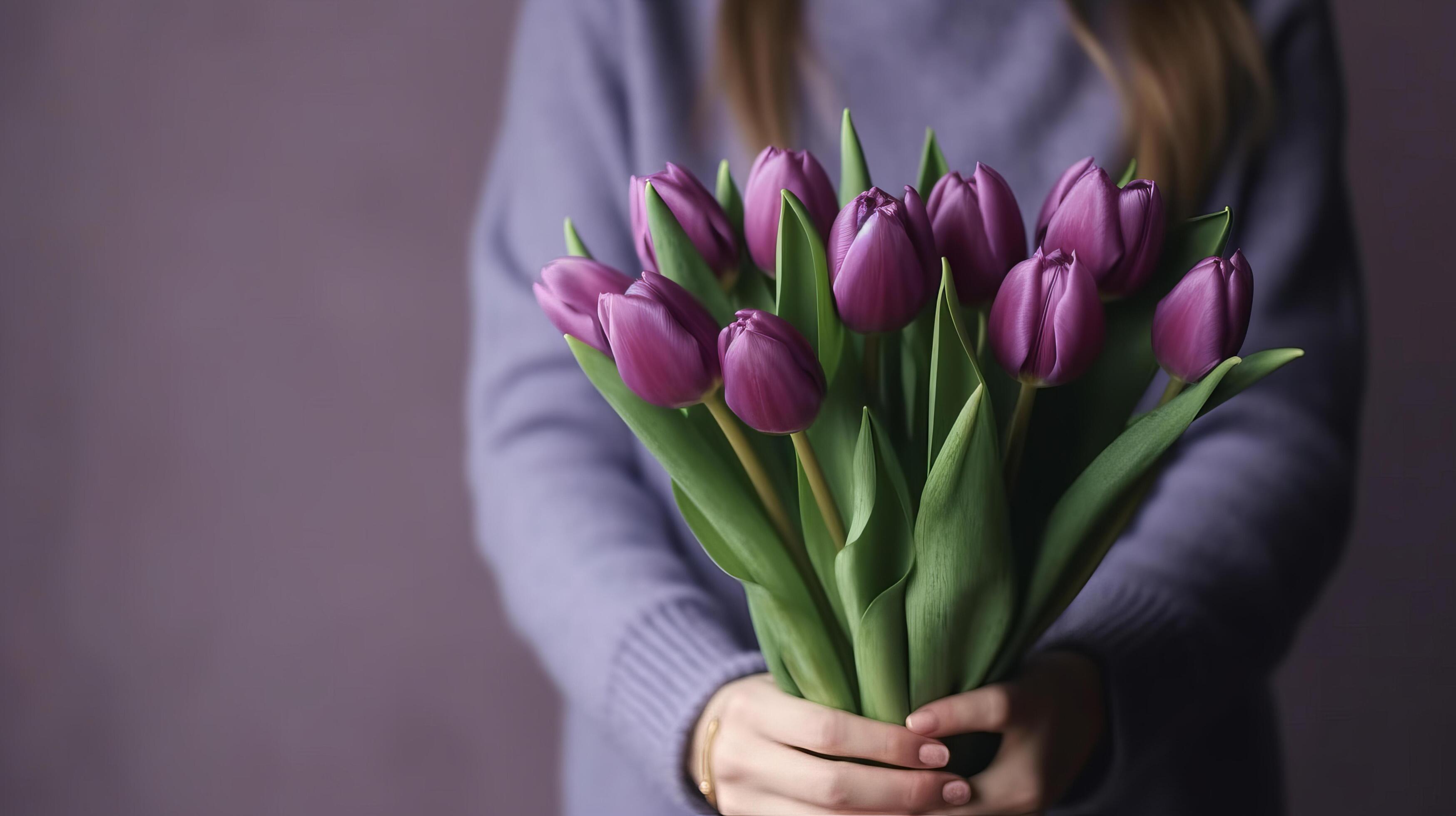 Violet tulip flowers bouquet on hands. Illustration Stock Free