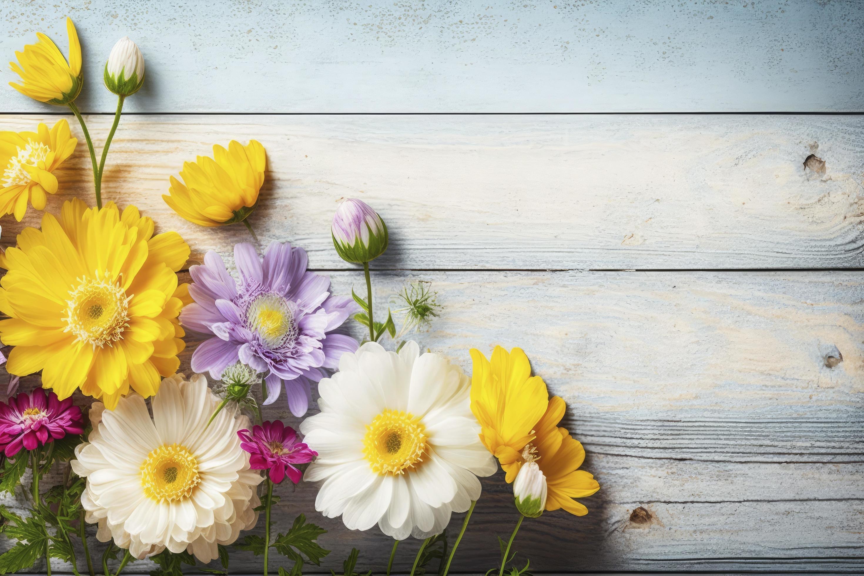 Garden flowers over wooden background stock photo Springtime, generate ai Stock Free