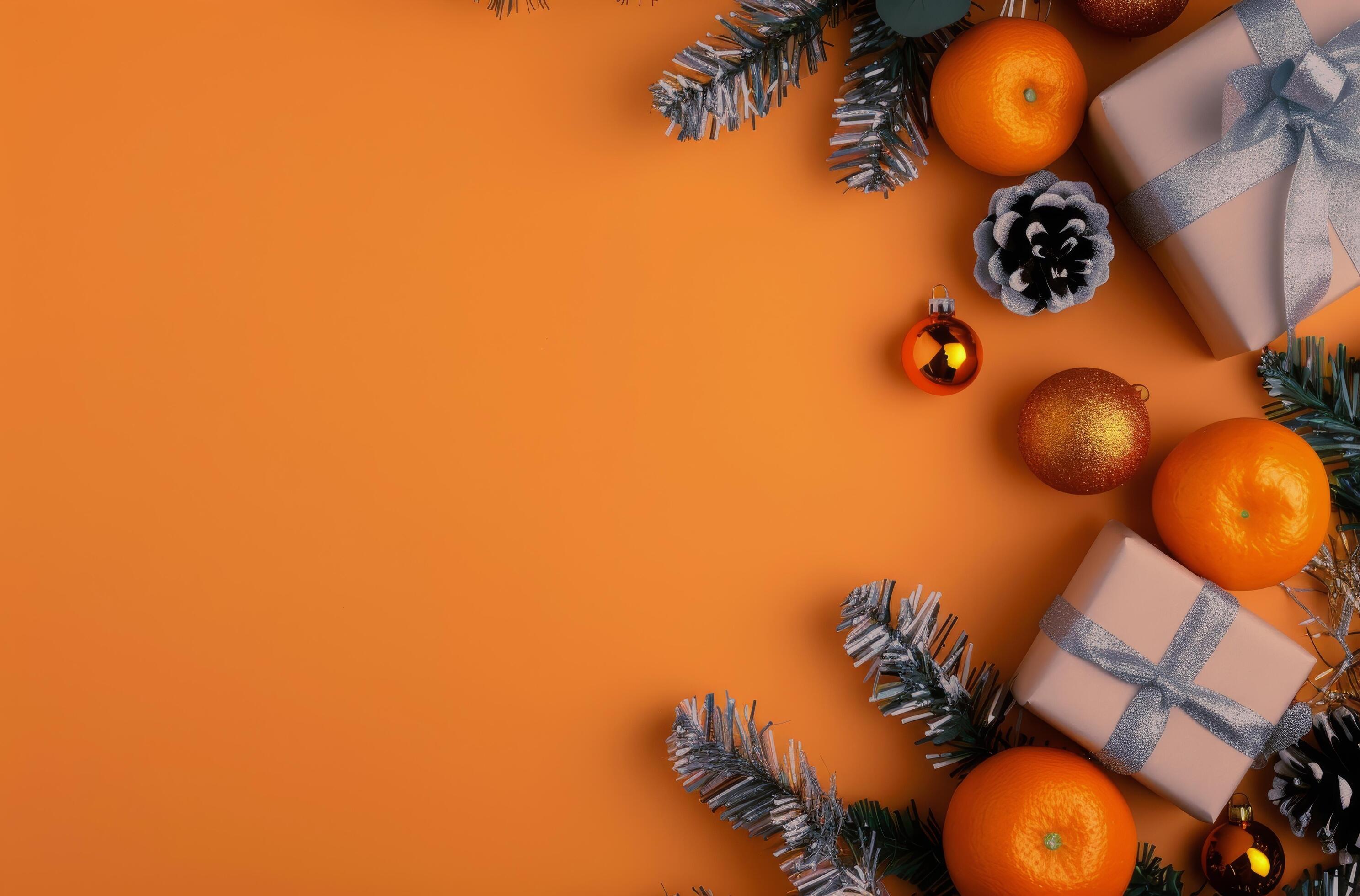 Festive Holiday Decorations With Oranges, Pinecones, and a Gift on Orange Background Stock Free