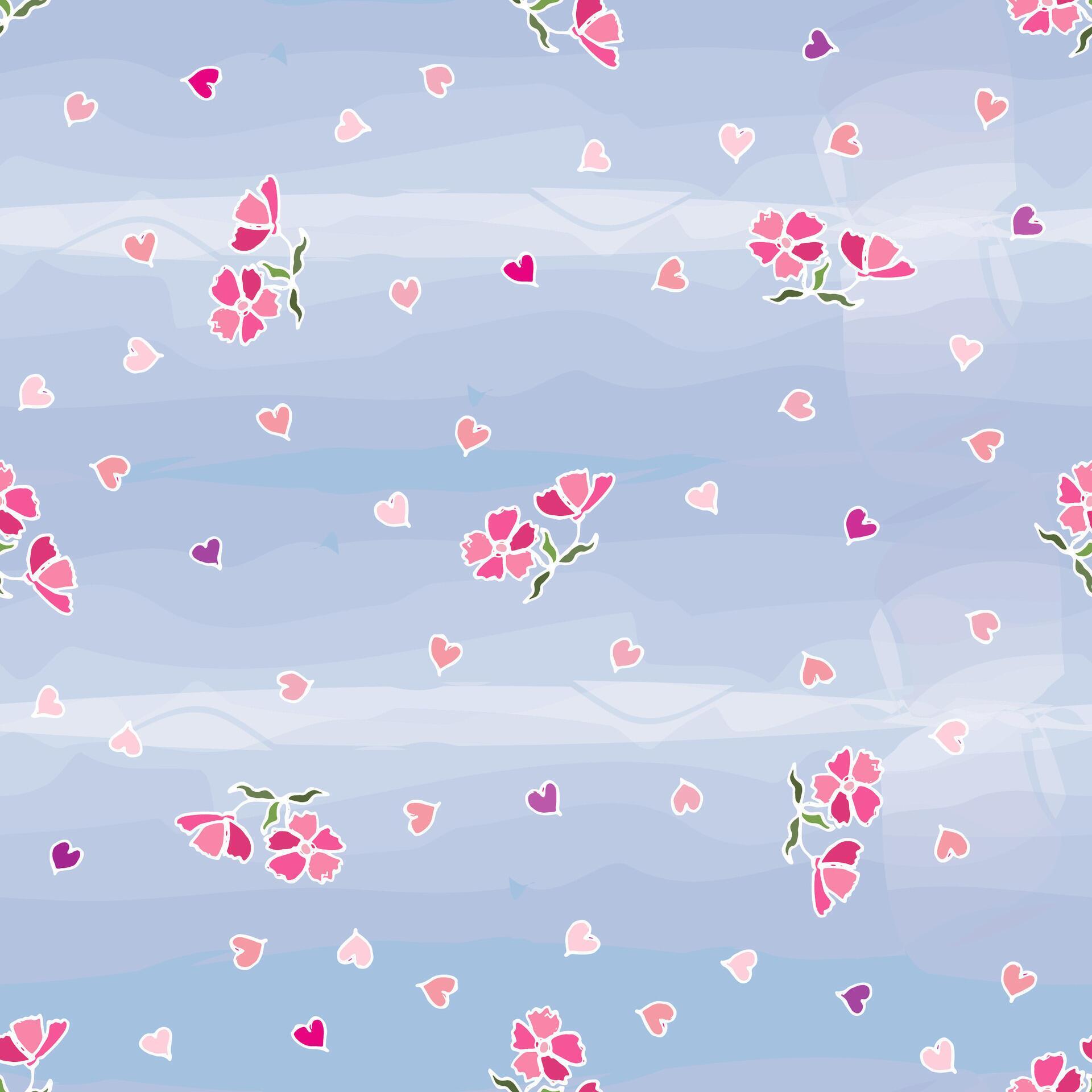 Seamless pattern with small flowers and hearts isolated on a blue background. Hand-drawn illustration Stock Free