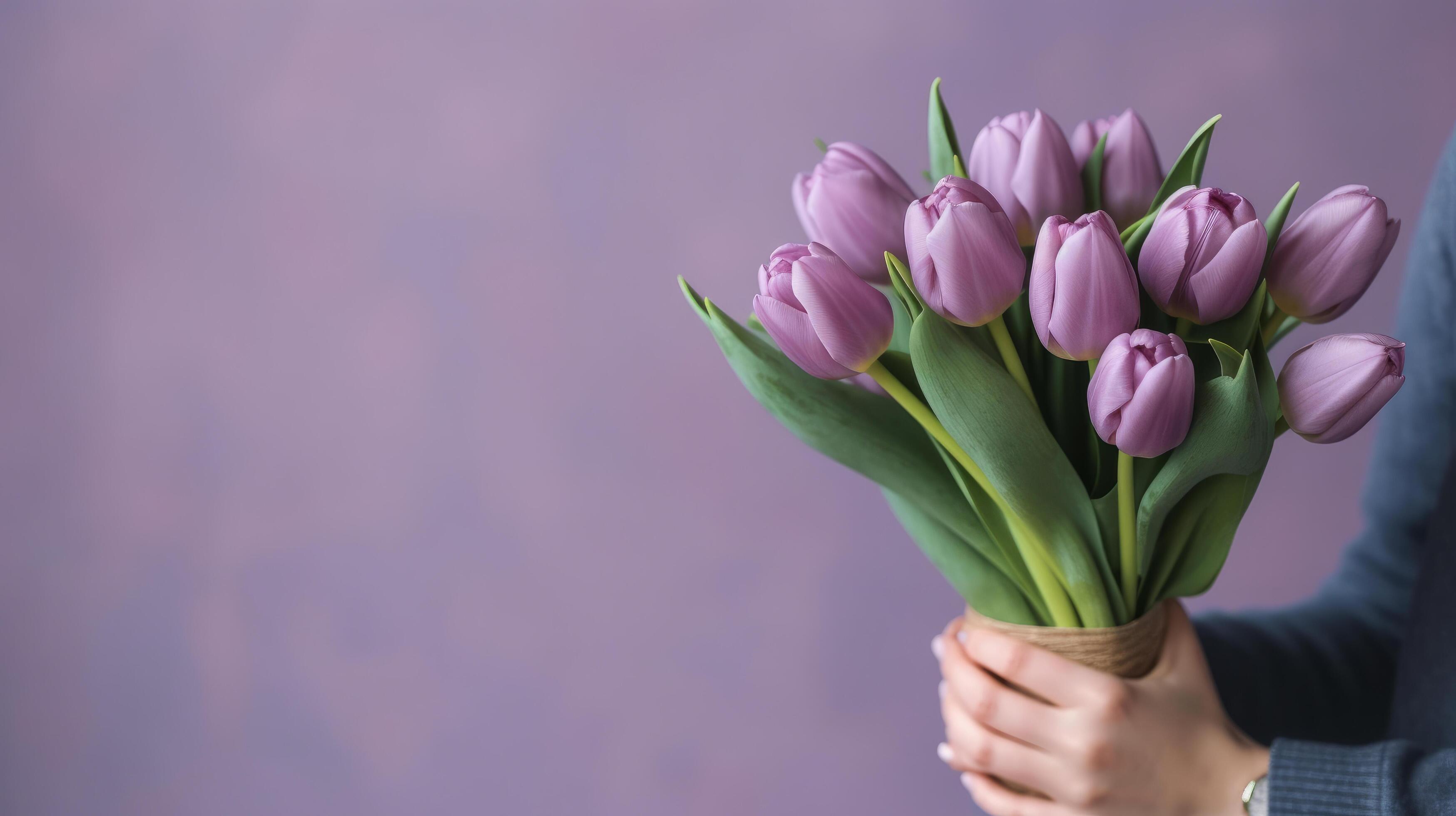 Violet tulip flowers bouquet on hands. Illustration Stock Free