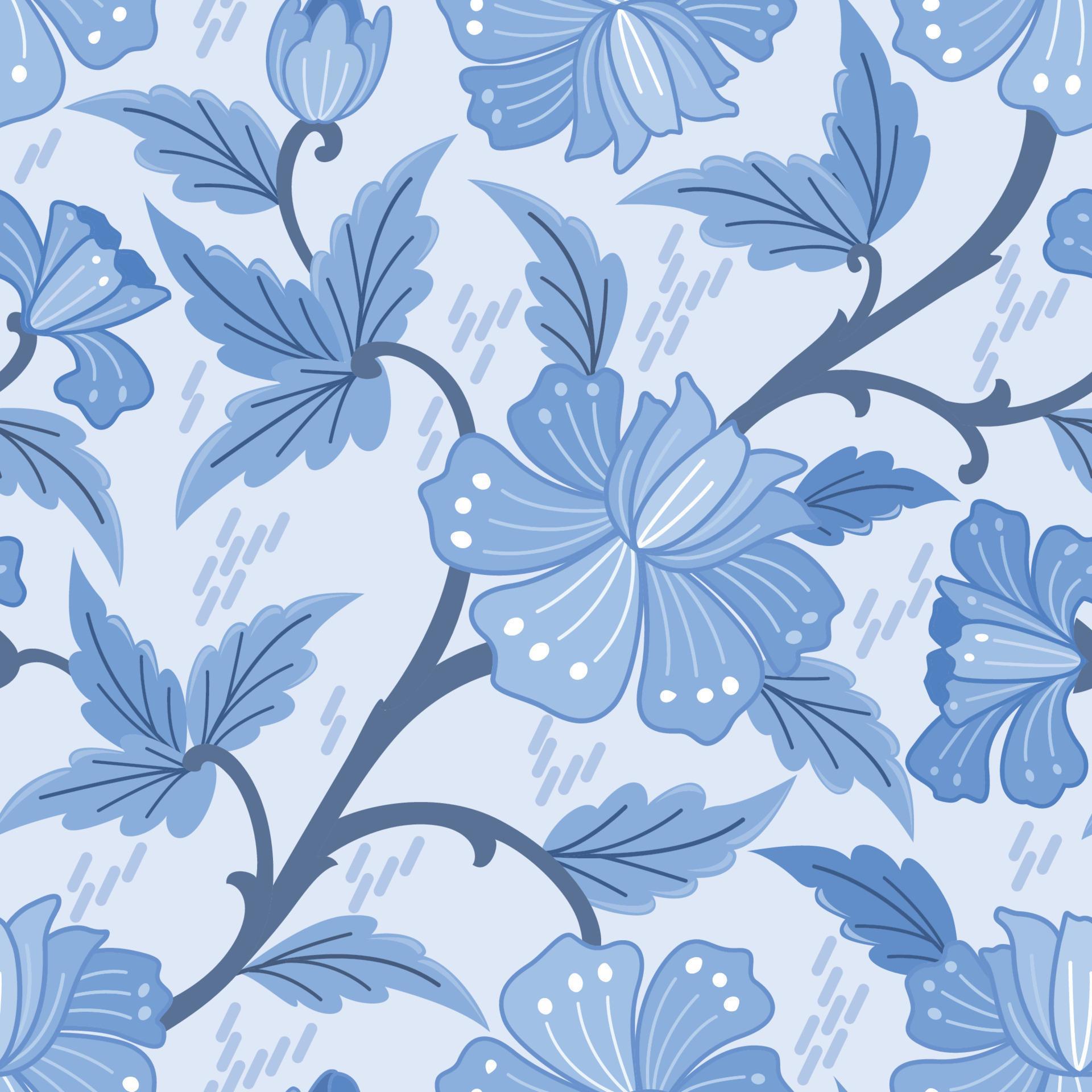 Monochrome blue flowers and leaves seamless pattern Stock Free