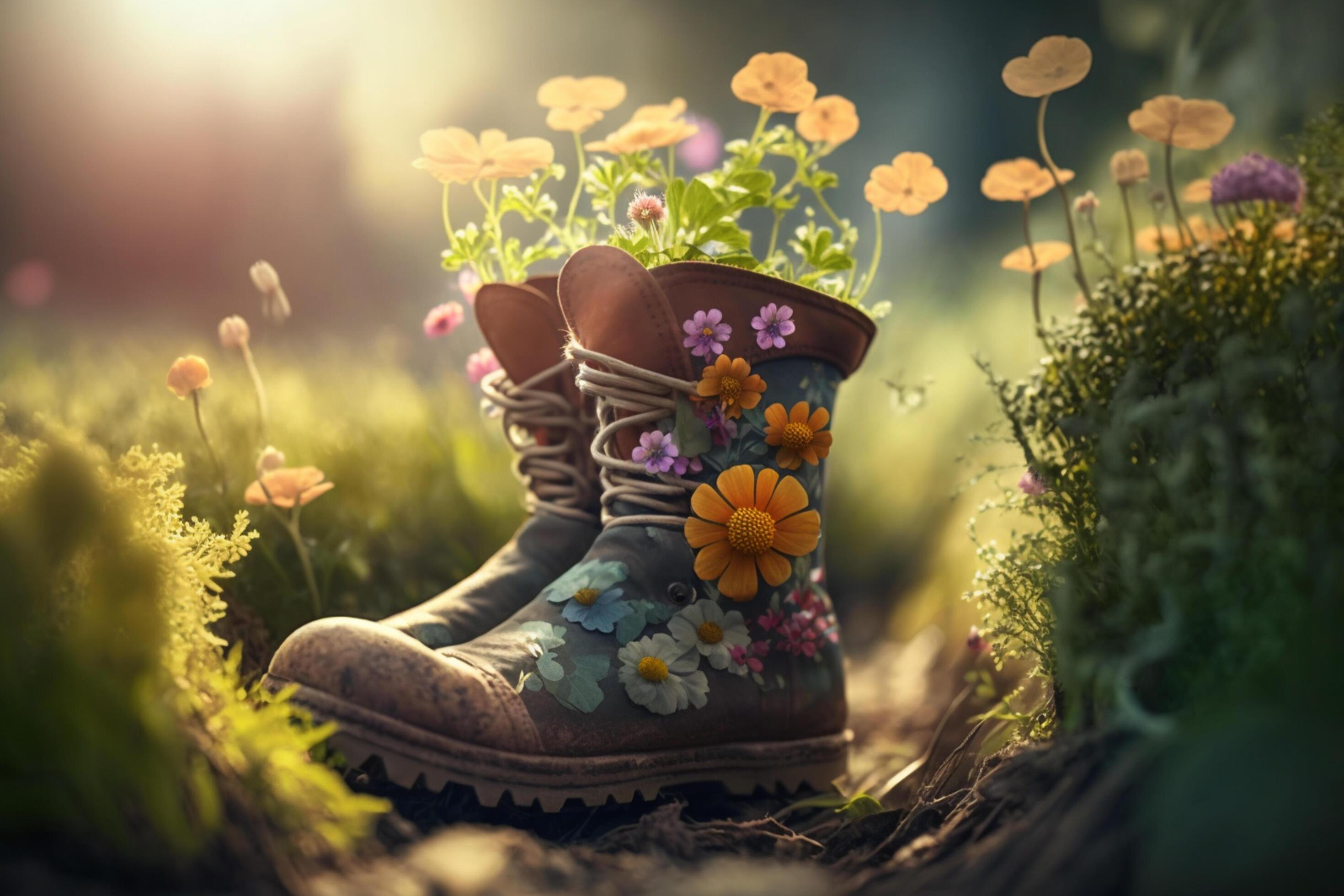 Old rubber boots planted with flowers in the garden Stock Free