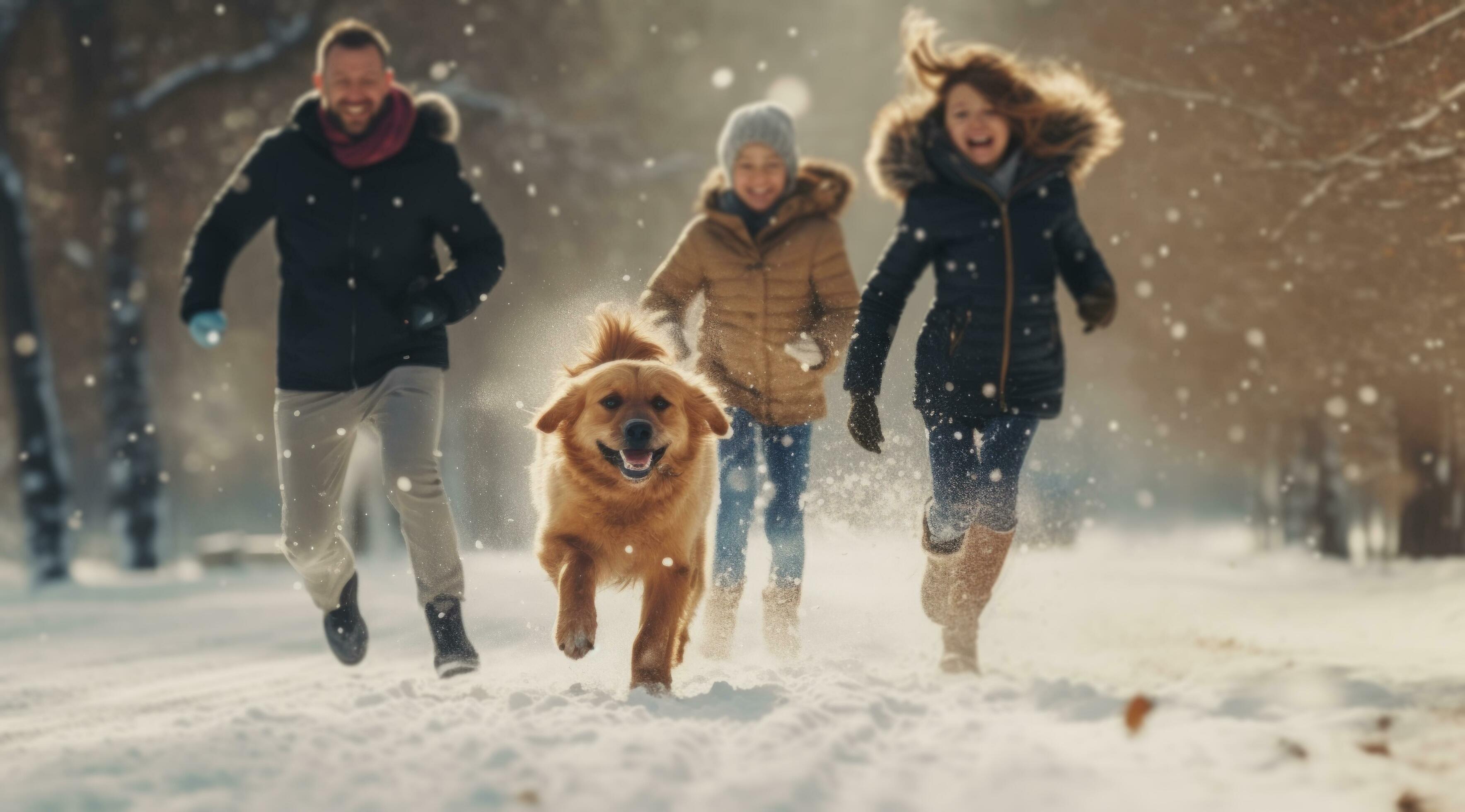 AI generated a family runs through snow with a dog Stock Free