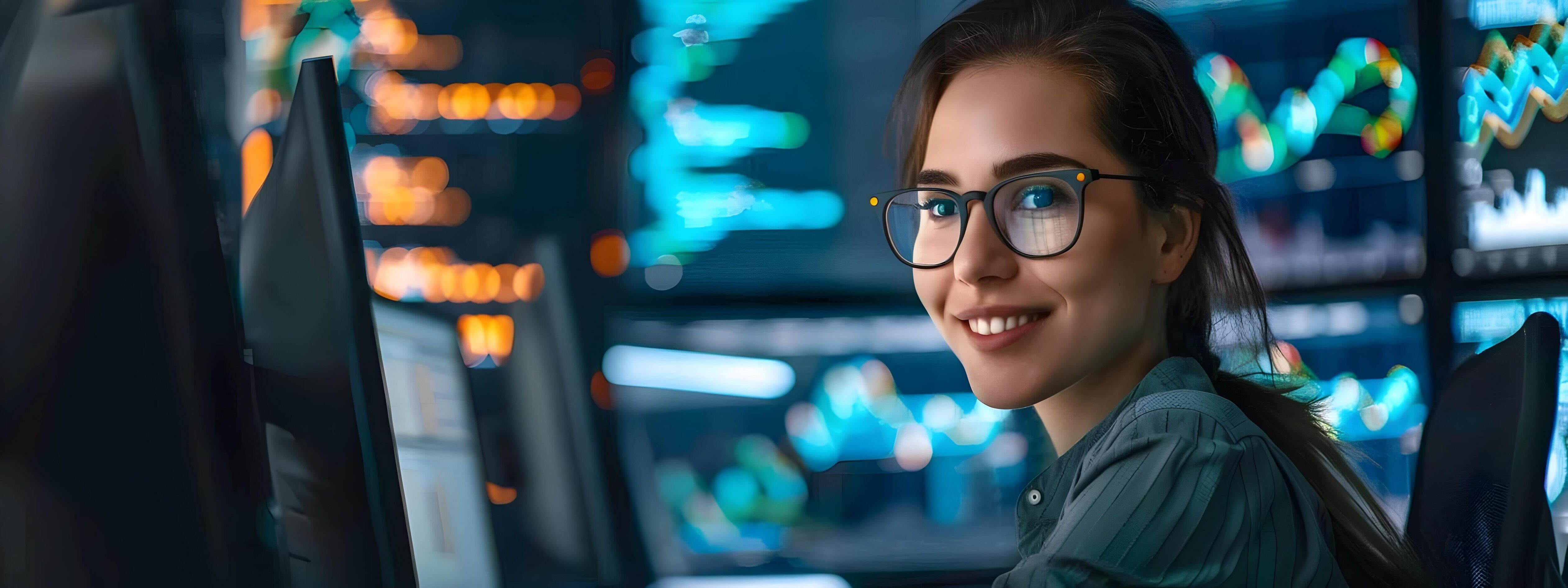 Cheerful Young Professional Smiling at Work in Modern City Office Stock Free