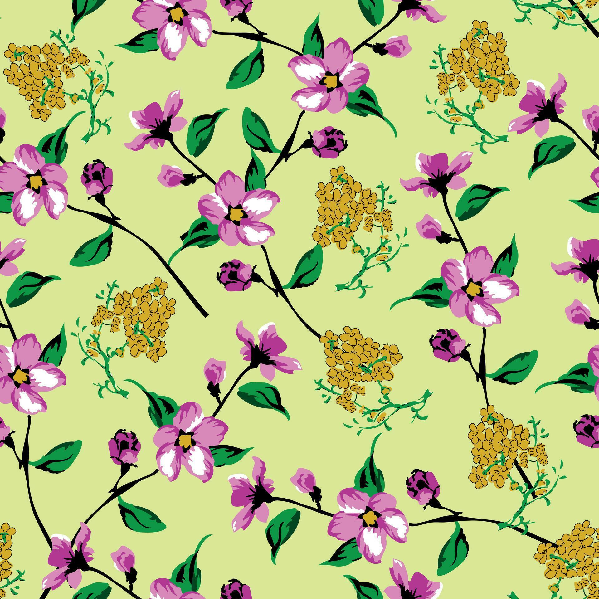 Floral seamless pattern with flowers and leaves on yellow background vector illustration Stock Free