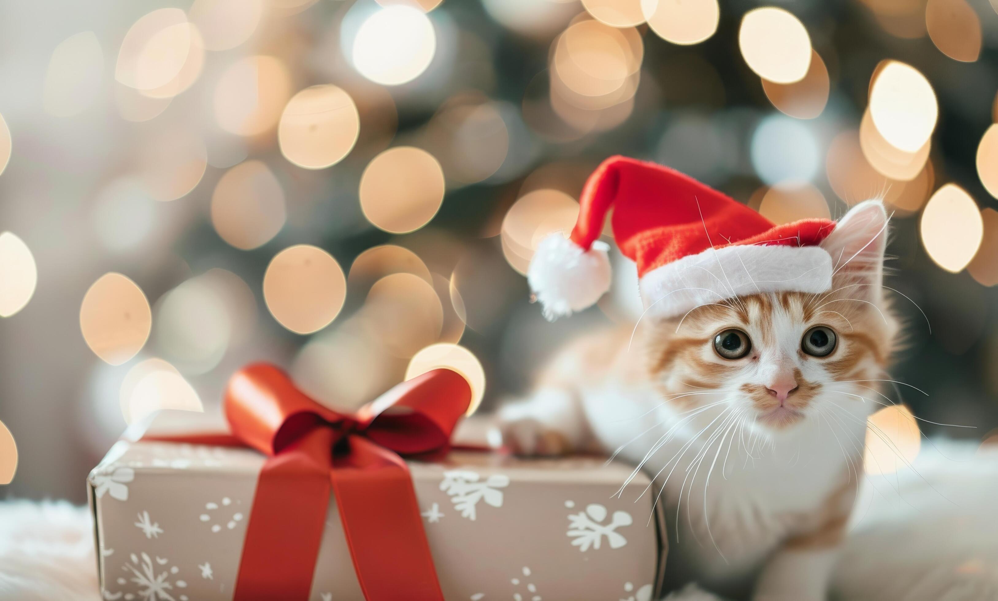 Adorable Kitten in Santa Hat Sitting on Gift With Holiday Lights Background Stock Free