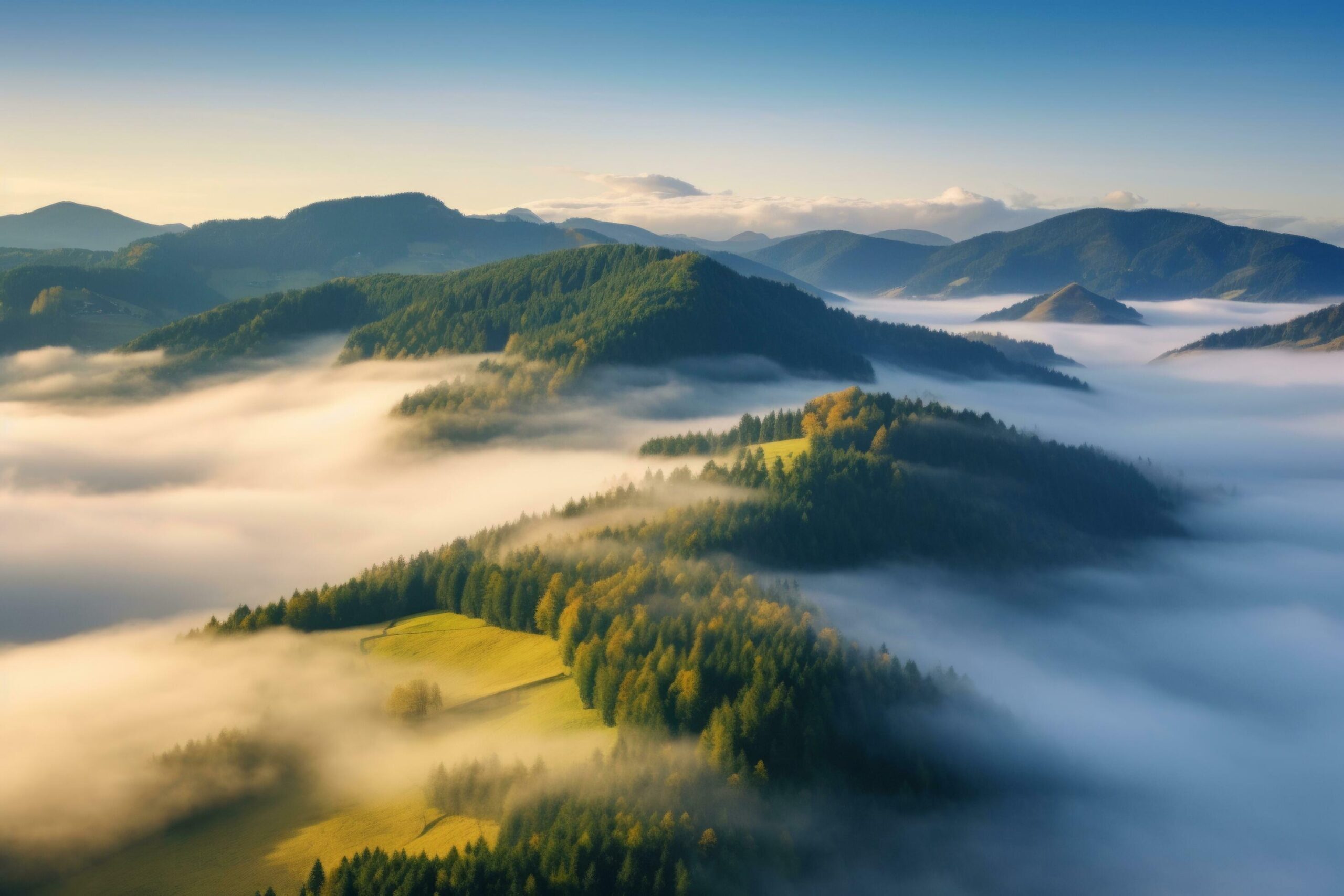 Mountains in clouds at sunrise in summer aerial view of mountain peak with fog Free Photo