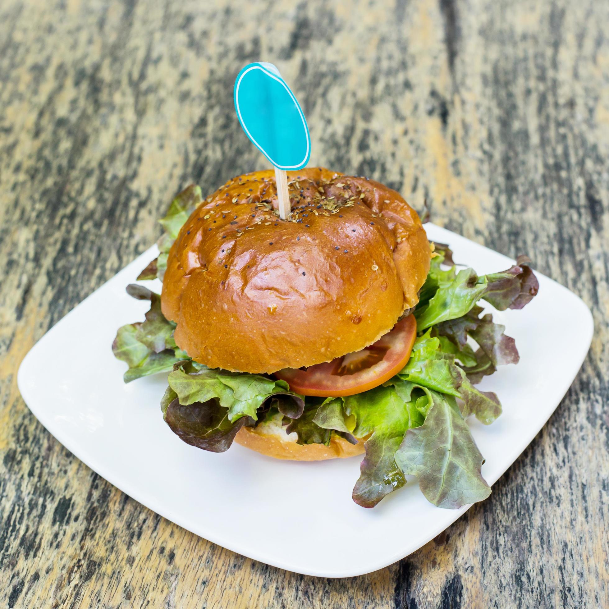 close up hamburger food on wood table Stock Free