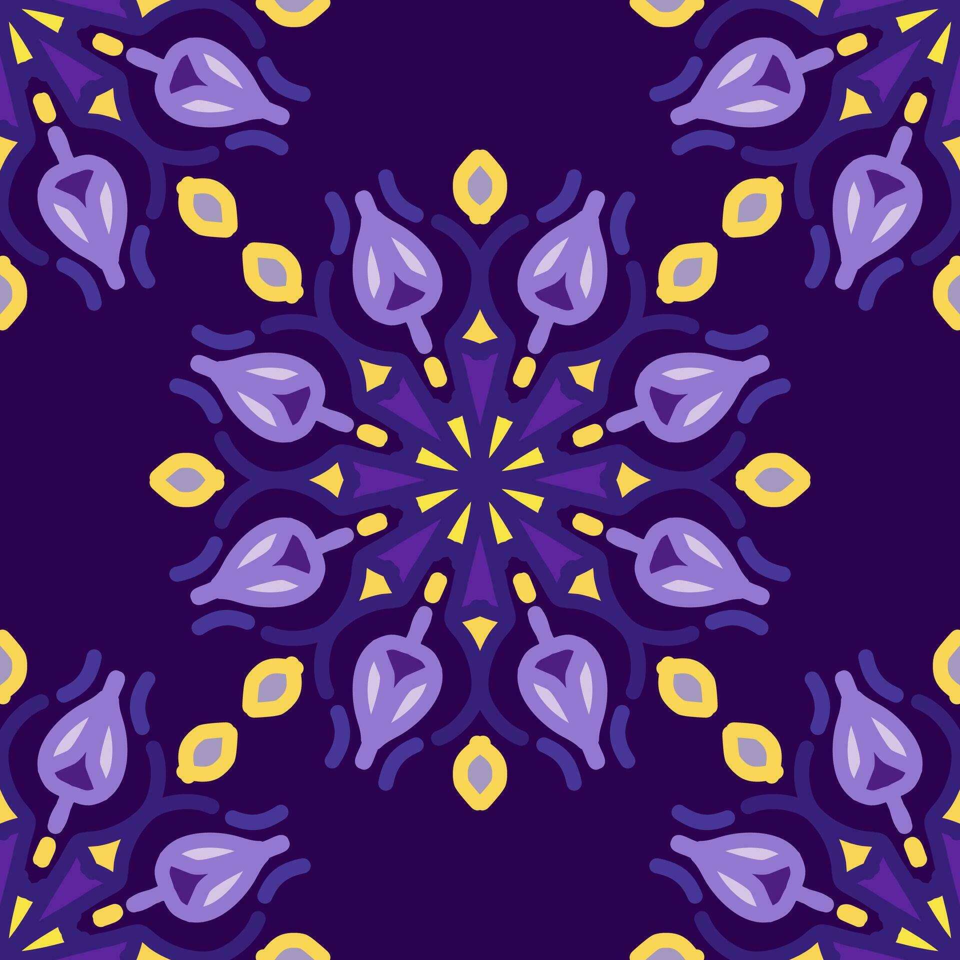 yellow purple magenta violet lavender mandala seamless pattern floral flower creative vintage design background vector illustration Stock Free