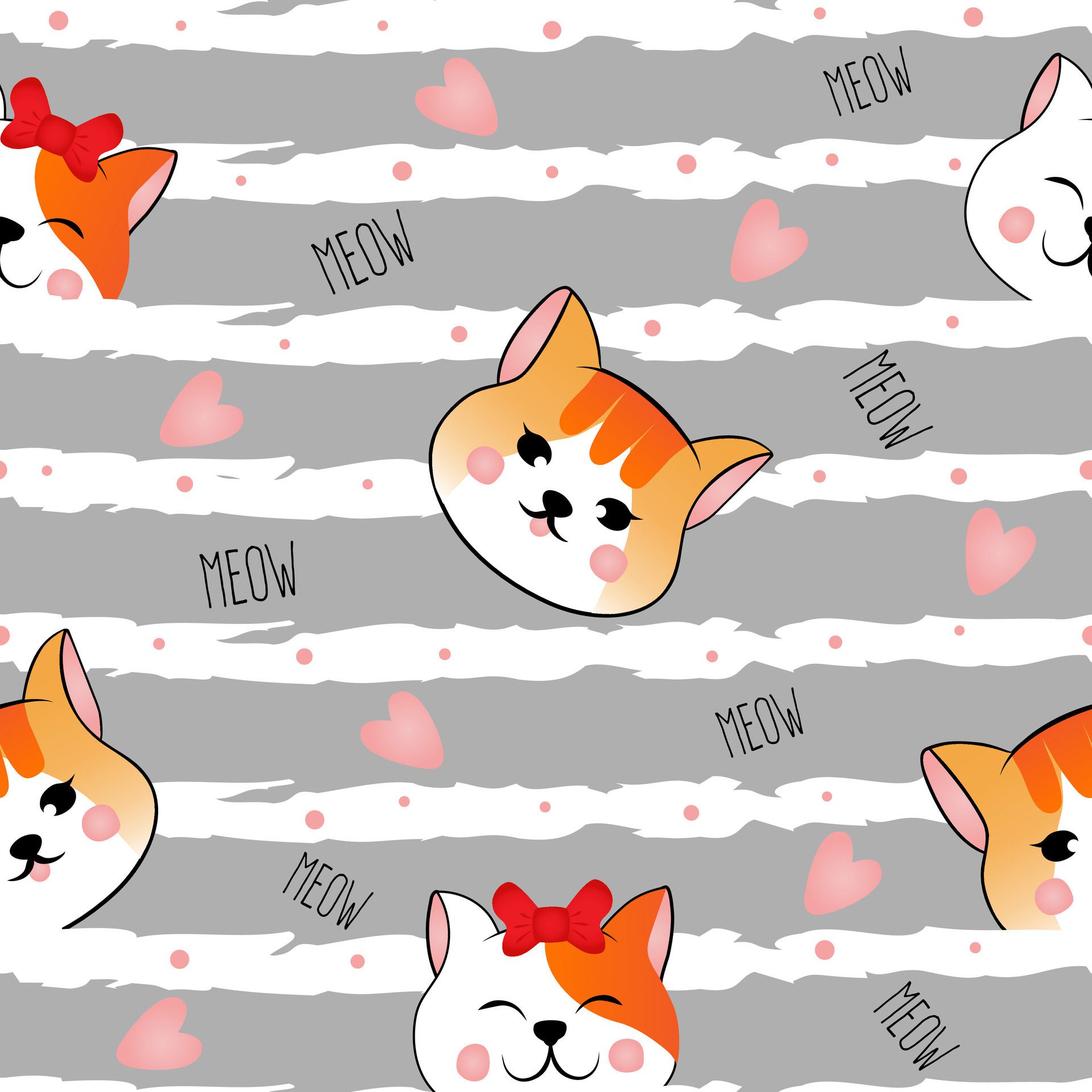 Seamless pattern with many different red heads of cats on grey striped background. Illustration for children. Free Vector