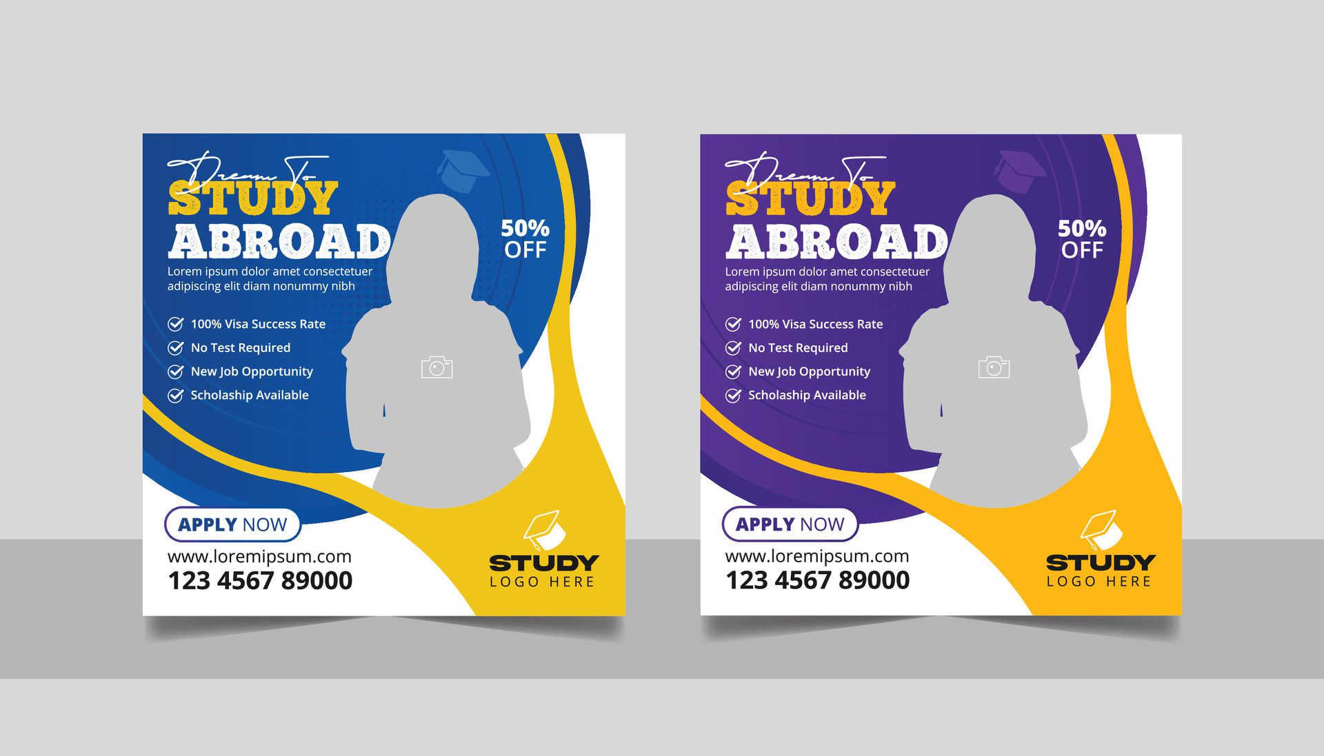 Study abroad social media post set, Higher education online square flyer school admission web banner template Free Vector