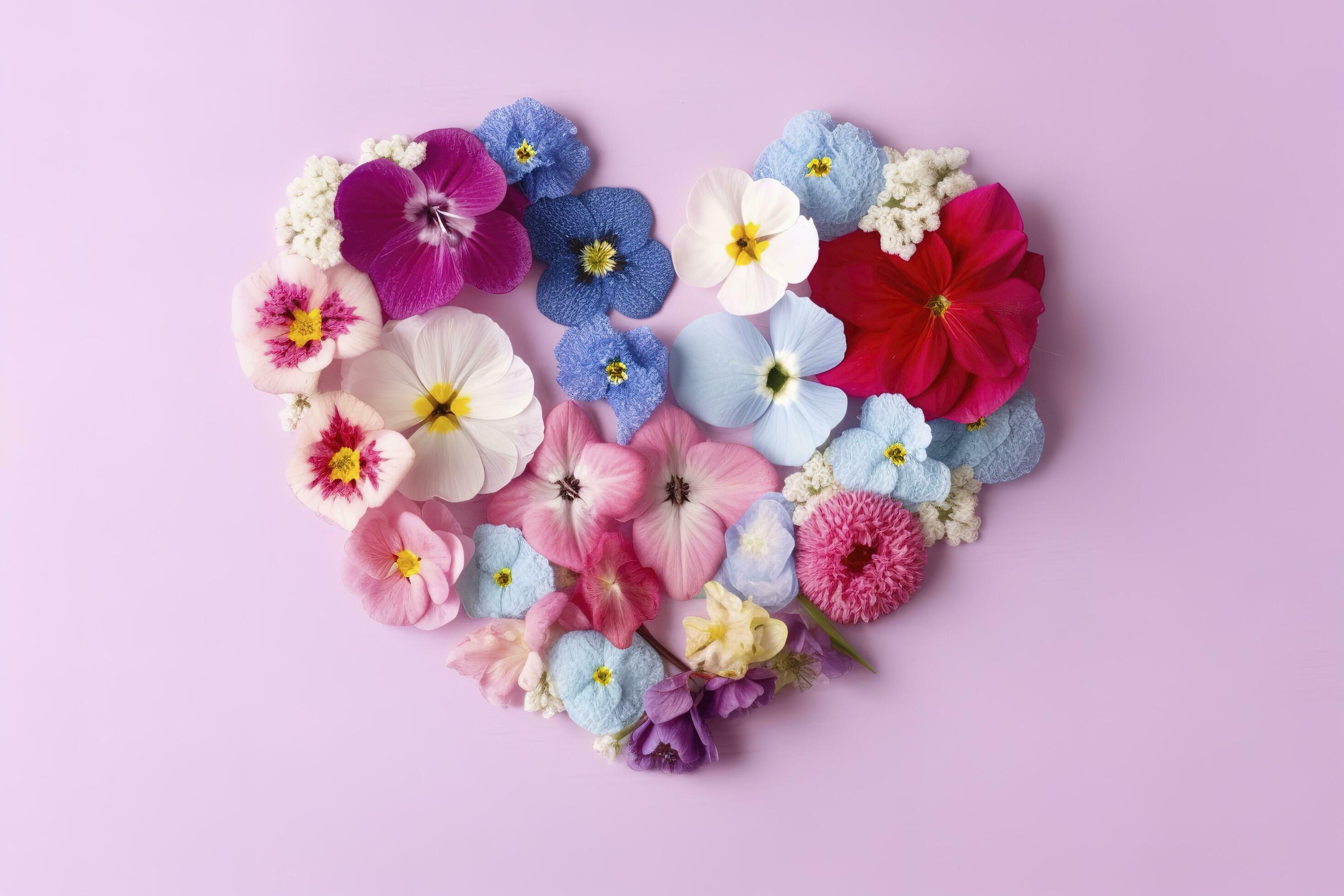 Vibrant Spring Flower Blossoms, Heart Shape, Copy Space , generate ai Stock Free