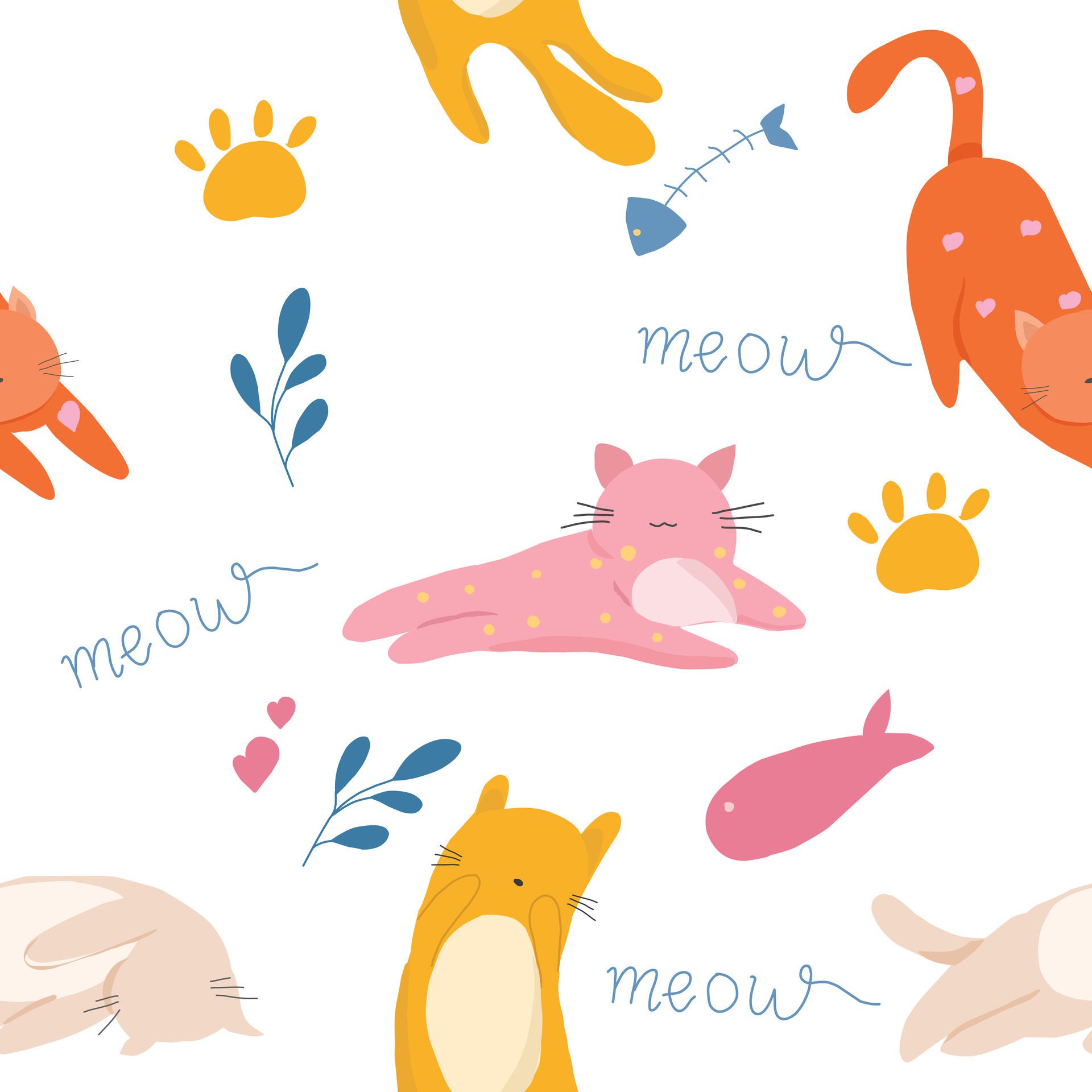 Cute and Colorful Cat Cartoon Seamless Pattern Free Vector