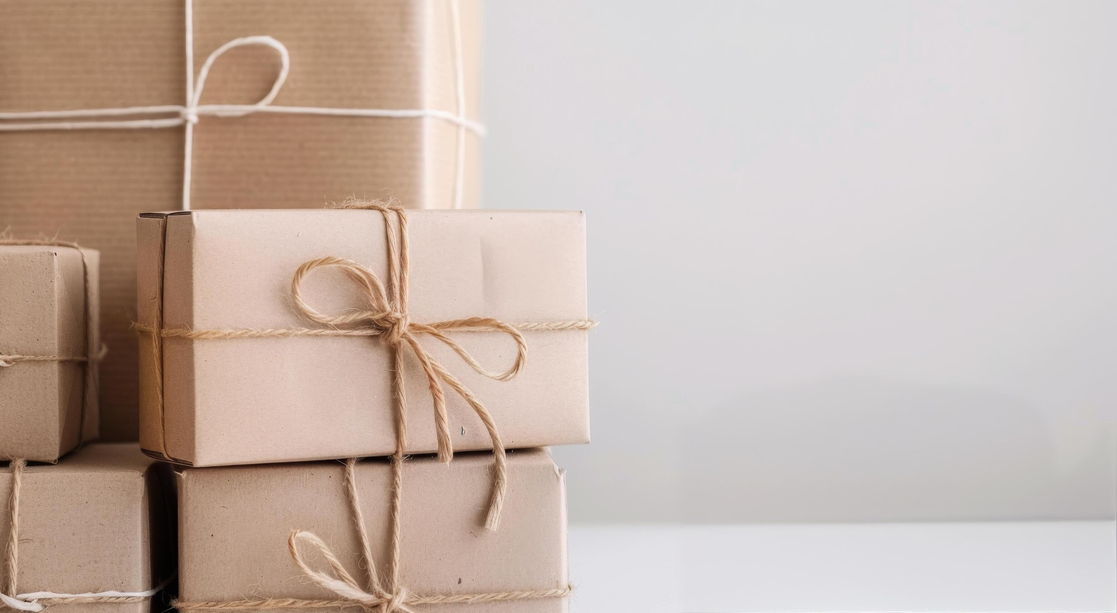 Brown Wrapped Gifts Tied With Twine on a Minimalist Background Stock Free