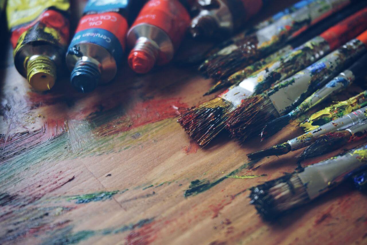 Paint Brushes Oil Wood Table Stock Free