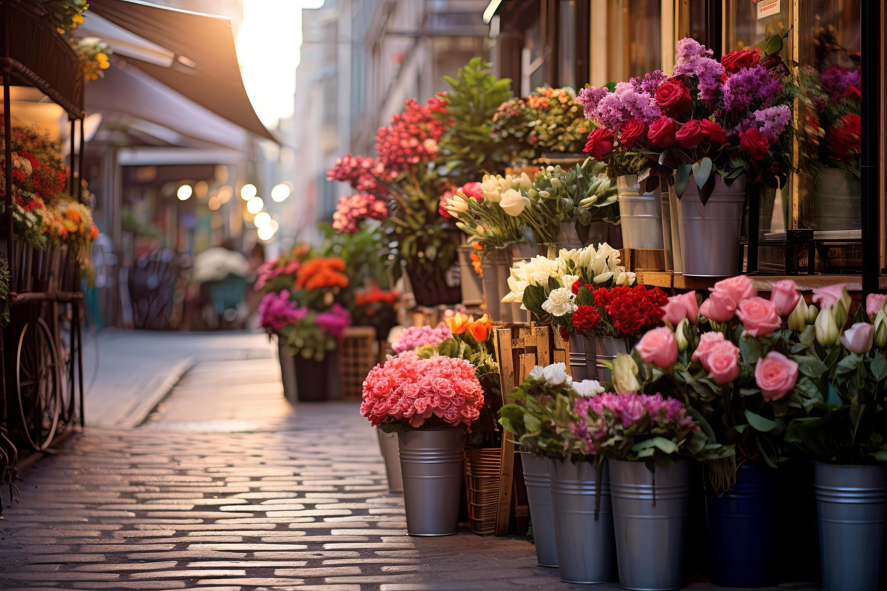 Row of potted flowers outside flower shop on cobblestone street Stock Free