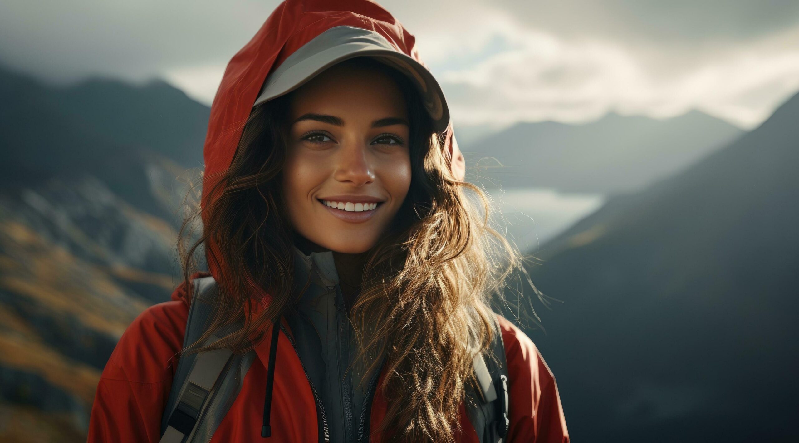 young smiling woman with a raincoat standing and looking at the mountains Free Photo