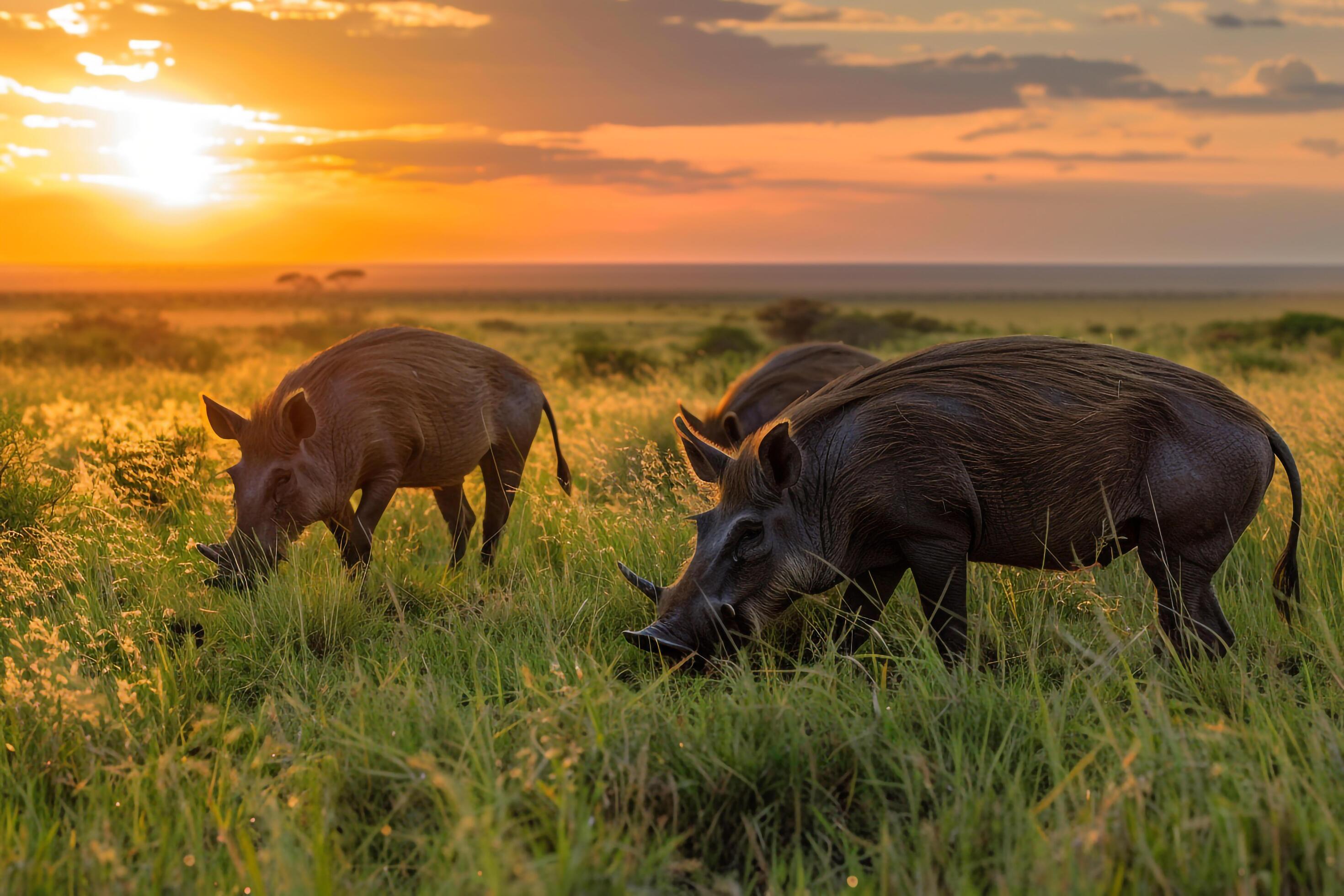 family of warthogs grazing peacefully in the African savannah at dawn nature background Stock Free