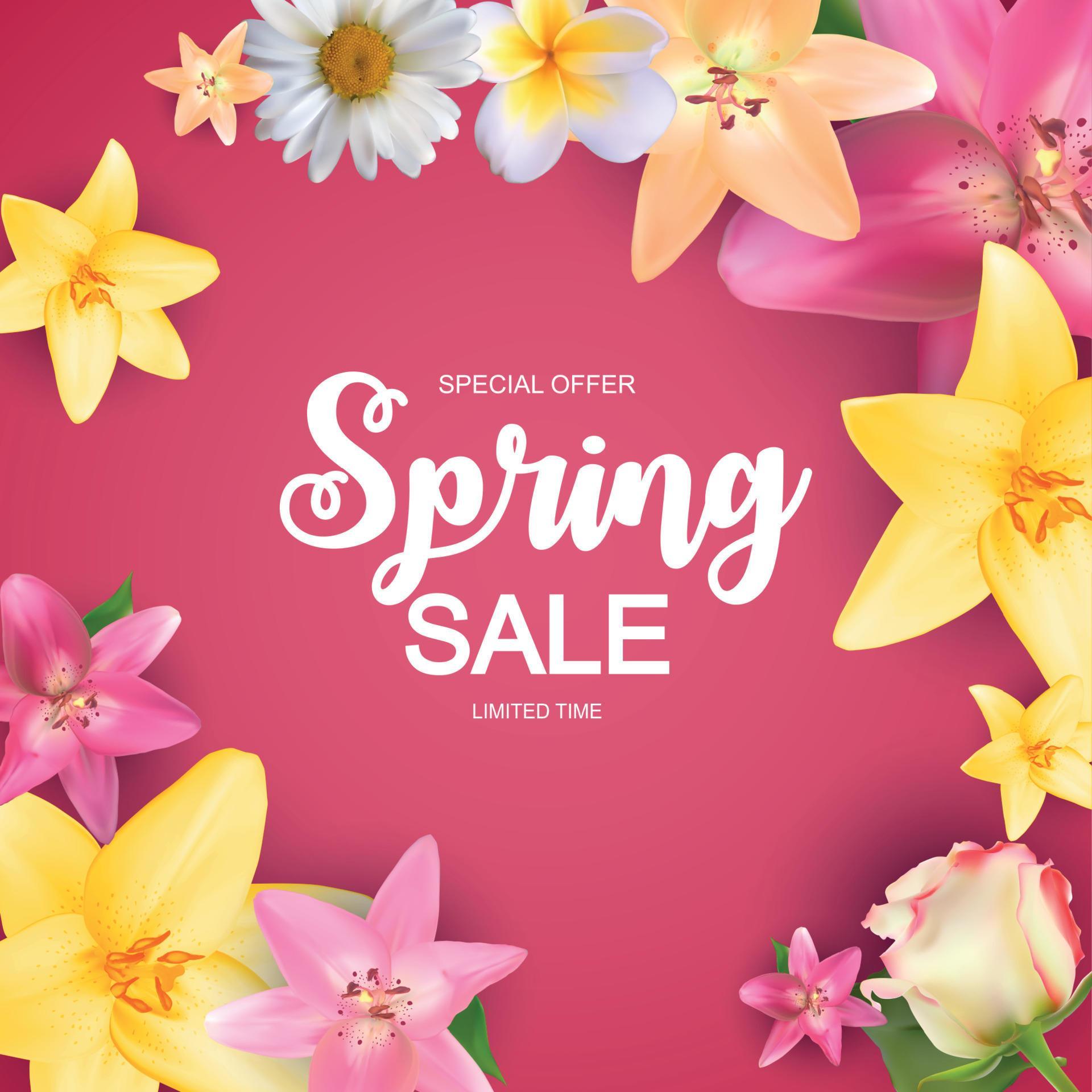 Spring Sale Cute Background with Colorful Flower Elements. Vector Illustration Stock Free