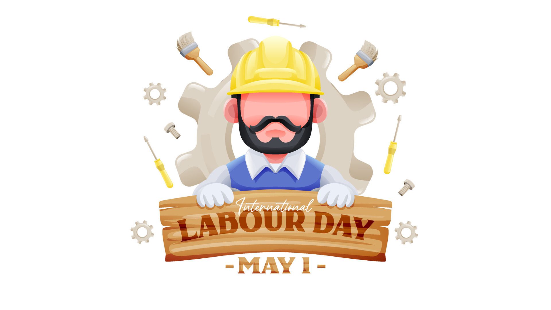 International Labour Day Banner With Worker Holding Wooden Sign and Tools Illustration Free Vector