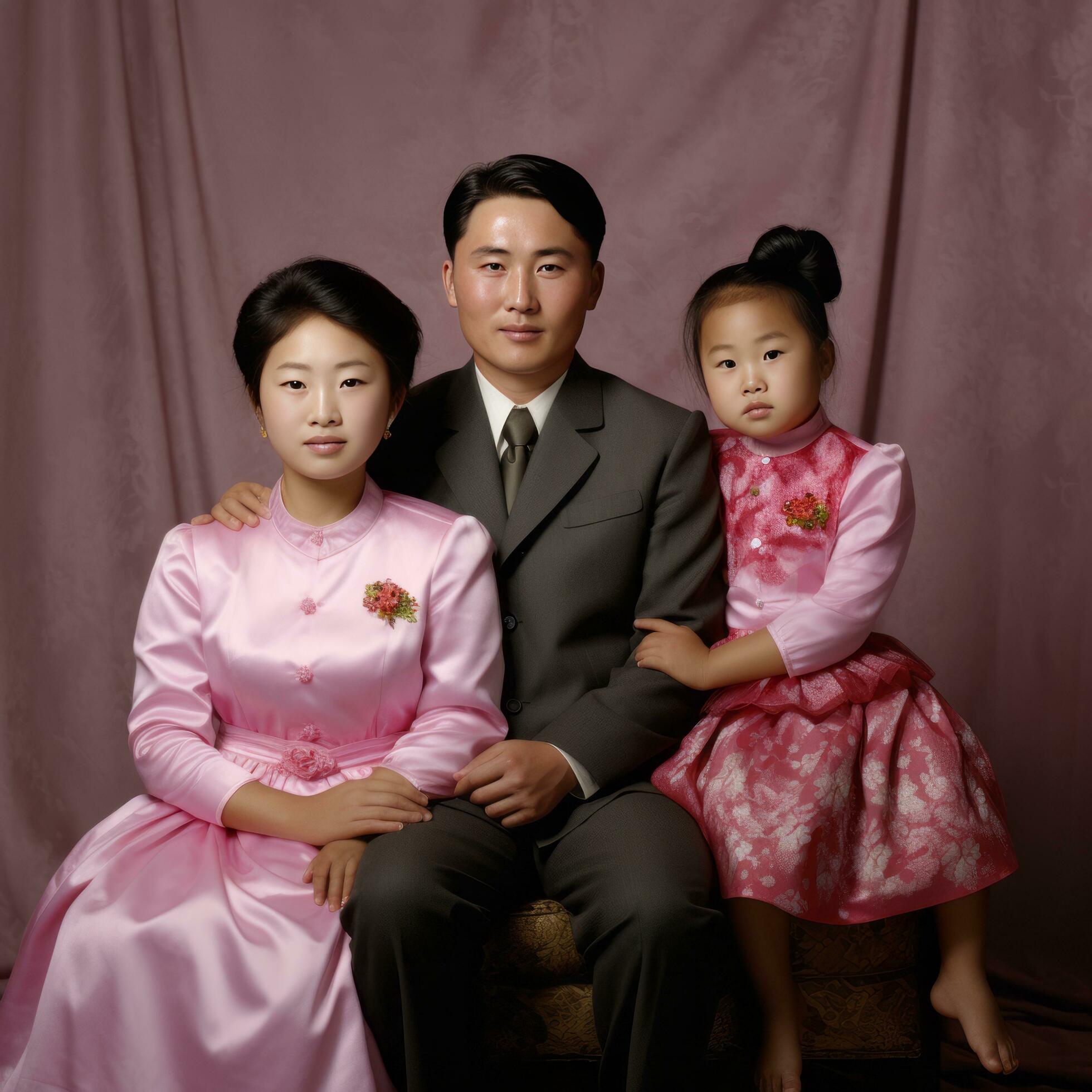 North Korean Family in Studio Father, Wife, and Daughter Looking at Camera – AI generated Stock Free