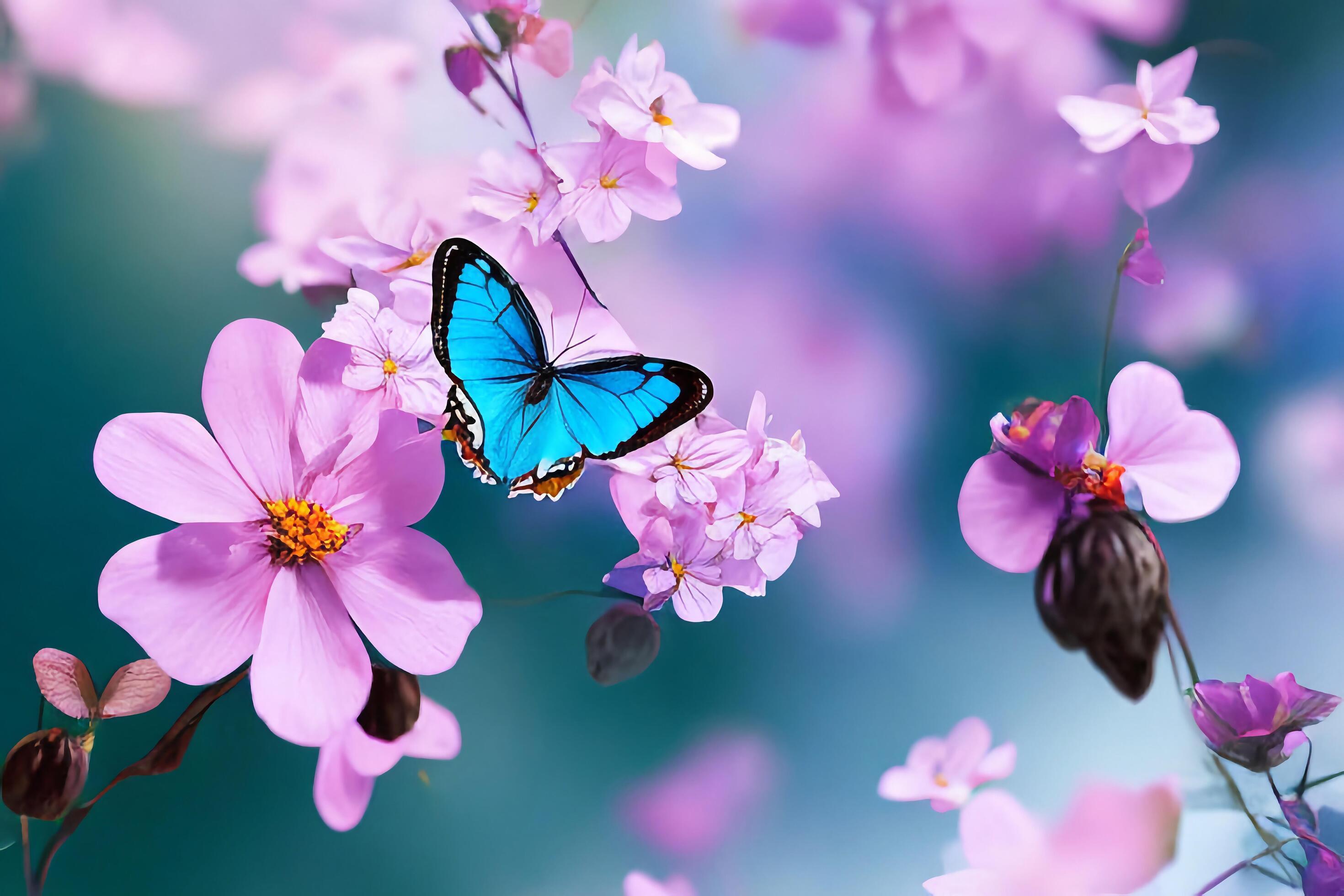 The butterfly is collecting nectar from the violet flowers with . Stock Free