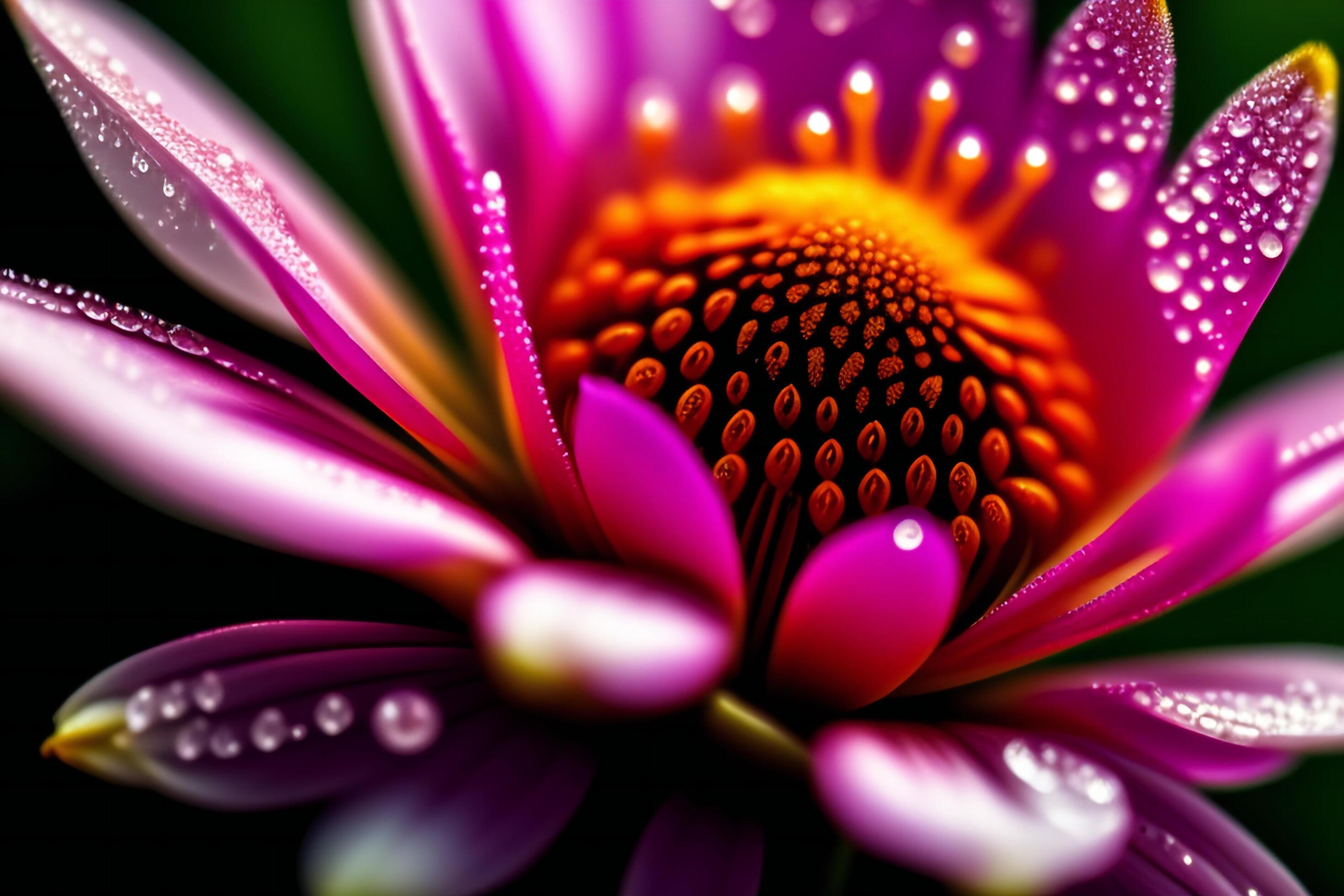 Macro close-up of a flower in bloom with dew drops. Stock Free