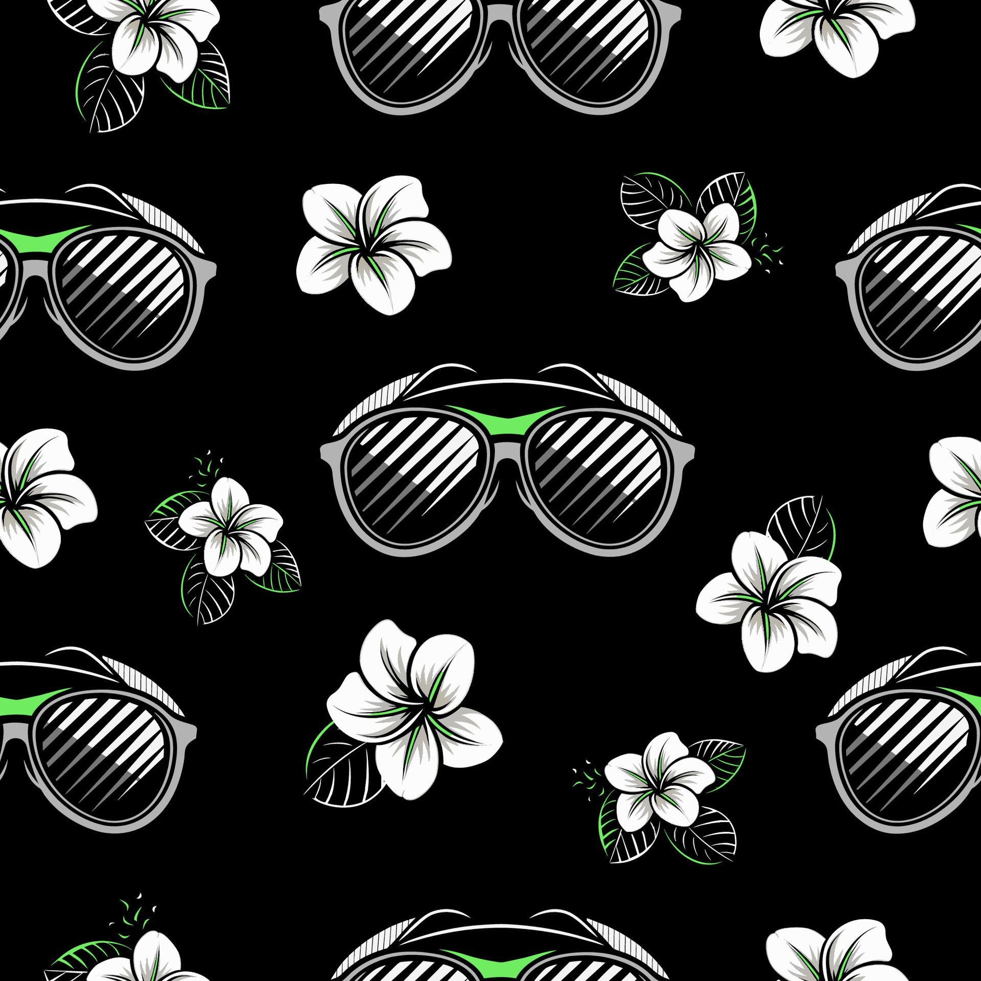 illustration of a seamless pattern with glasses and flowers on a black background. Free Vector