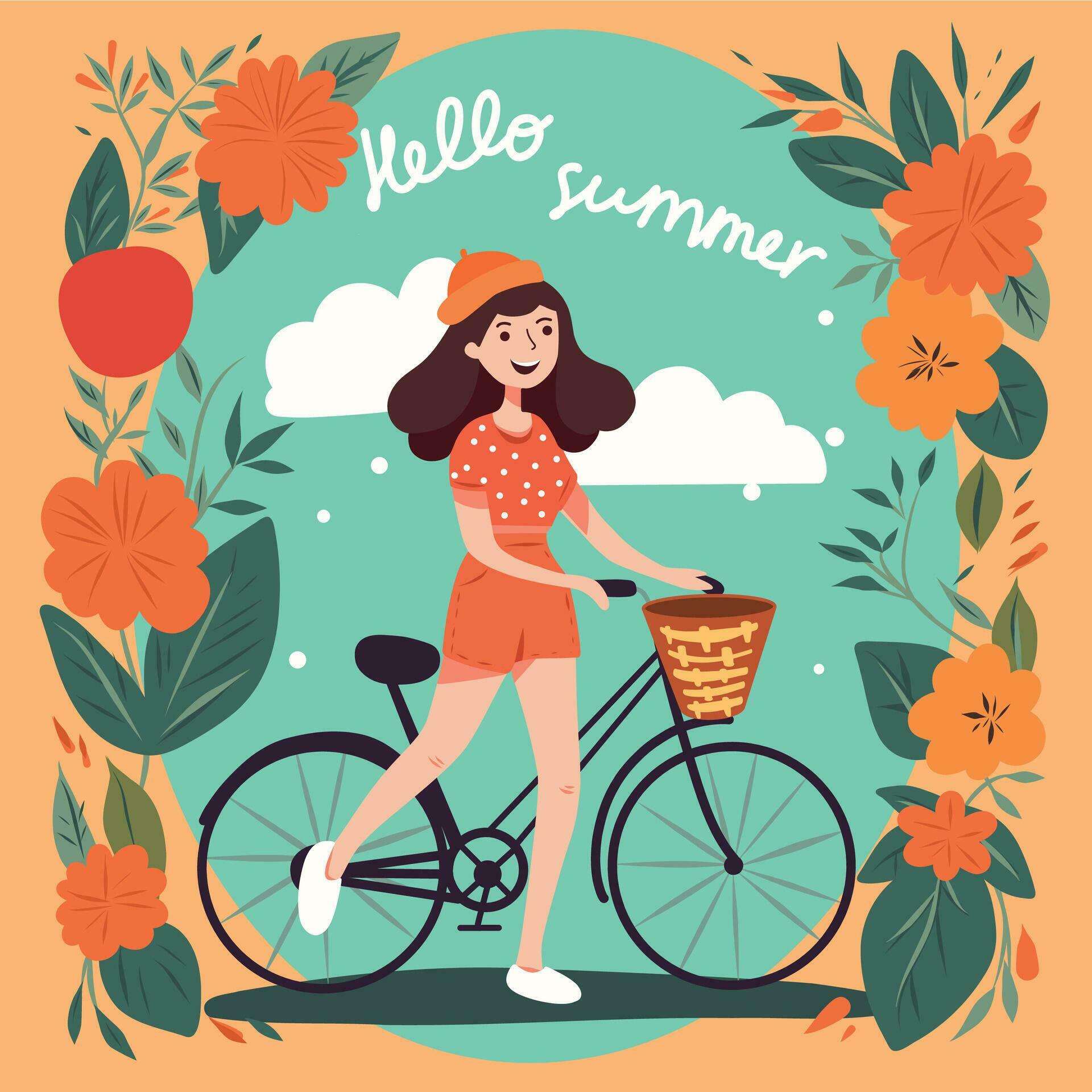 Bright vector illustration concept hello summer cute girl with bicycle among flowers and plants nature fit postcard poster flat style Stock Free