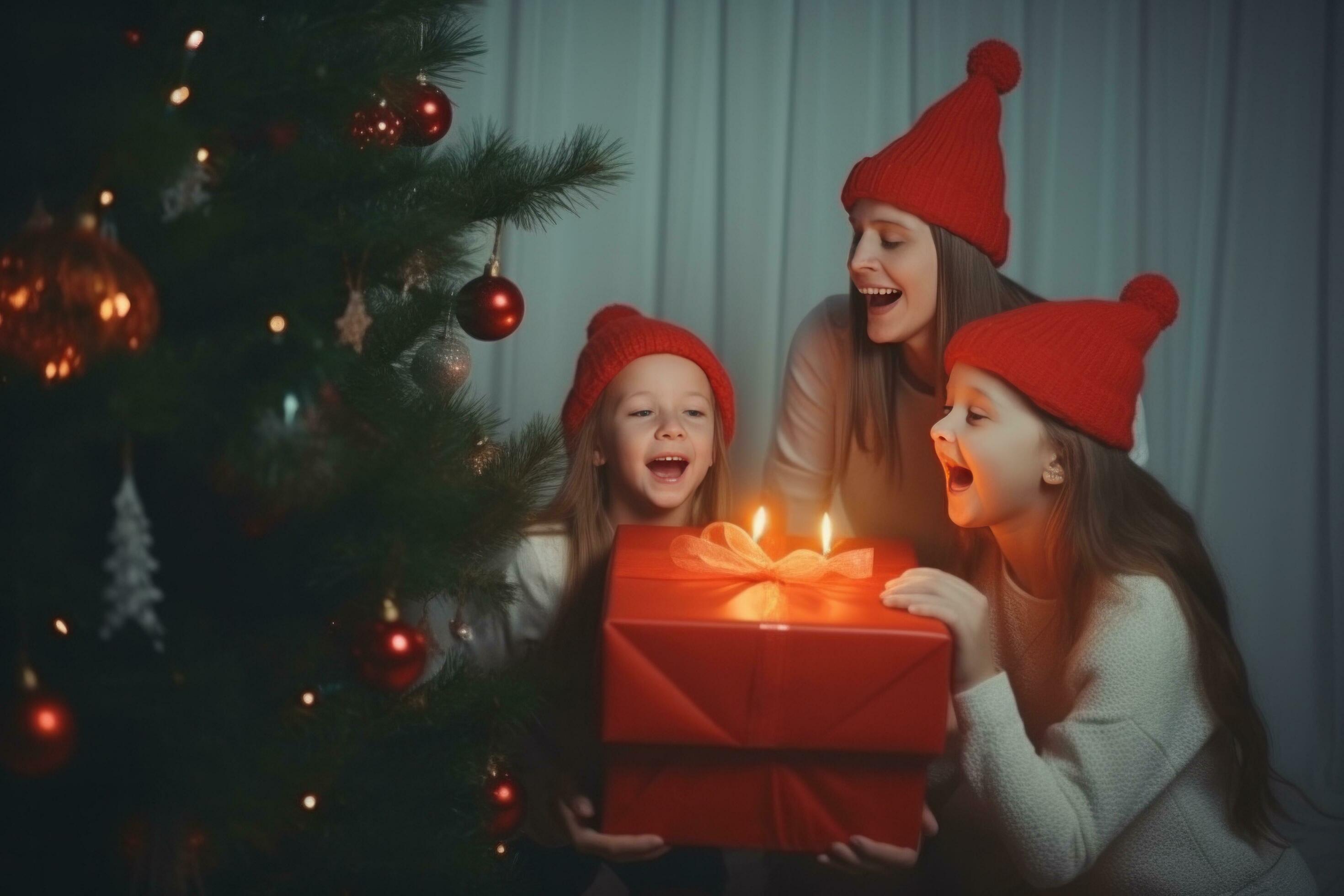 AI generated happy family with Merry Christmas magic gift near tree at evening at home Stock Free