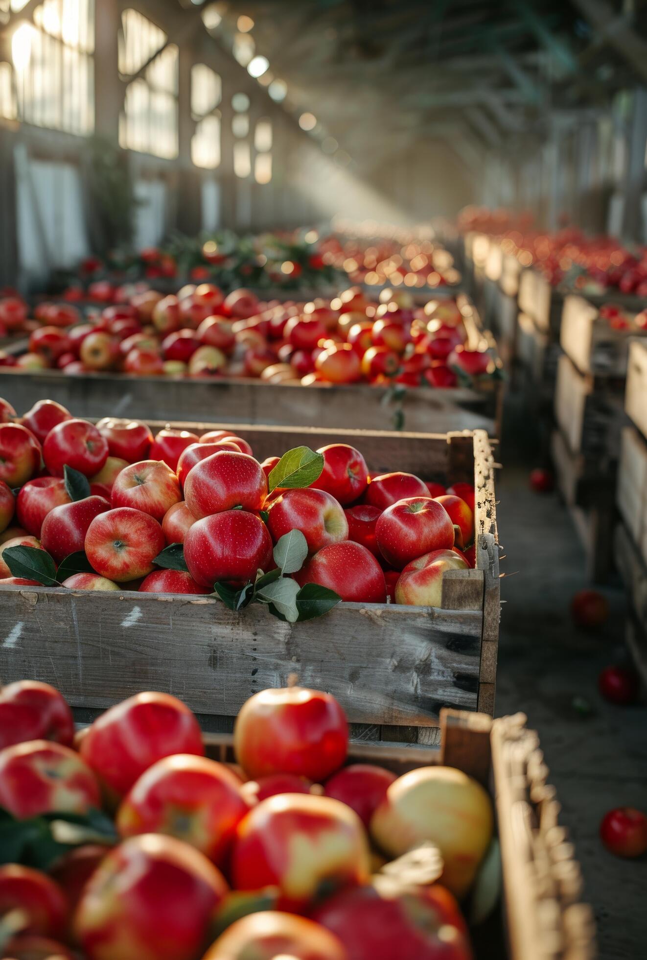 Sunlit Apples in Wooden Crates Inside a Large Warehouse Stock Free