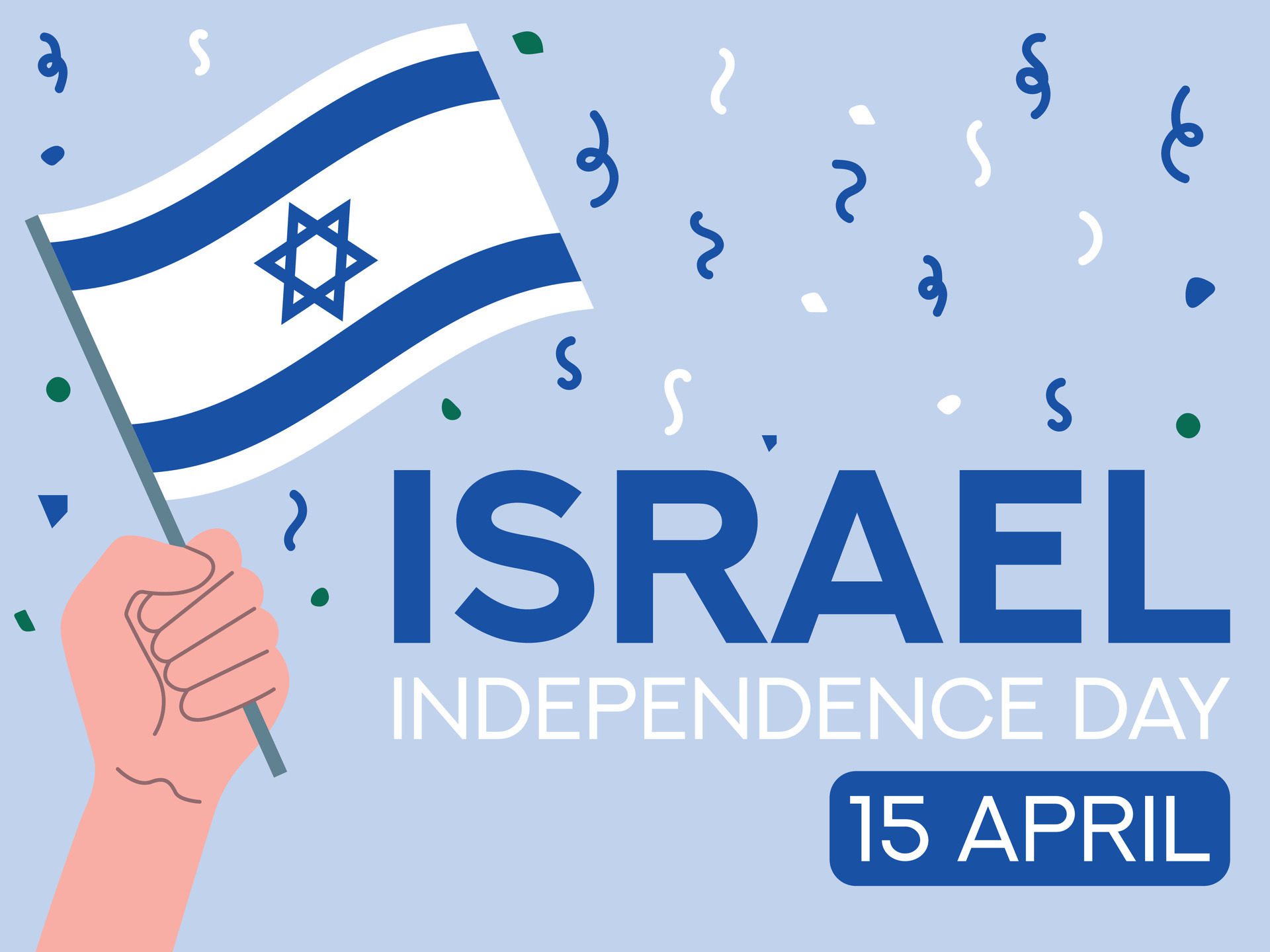 Israel independence day 15 april. Israel flag in hand. Greeting card, poster, banner template Free Vector