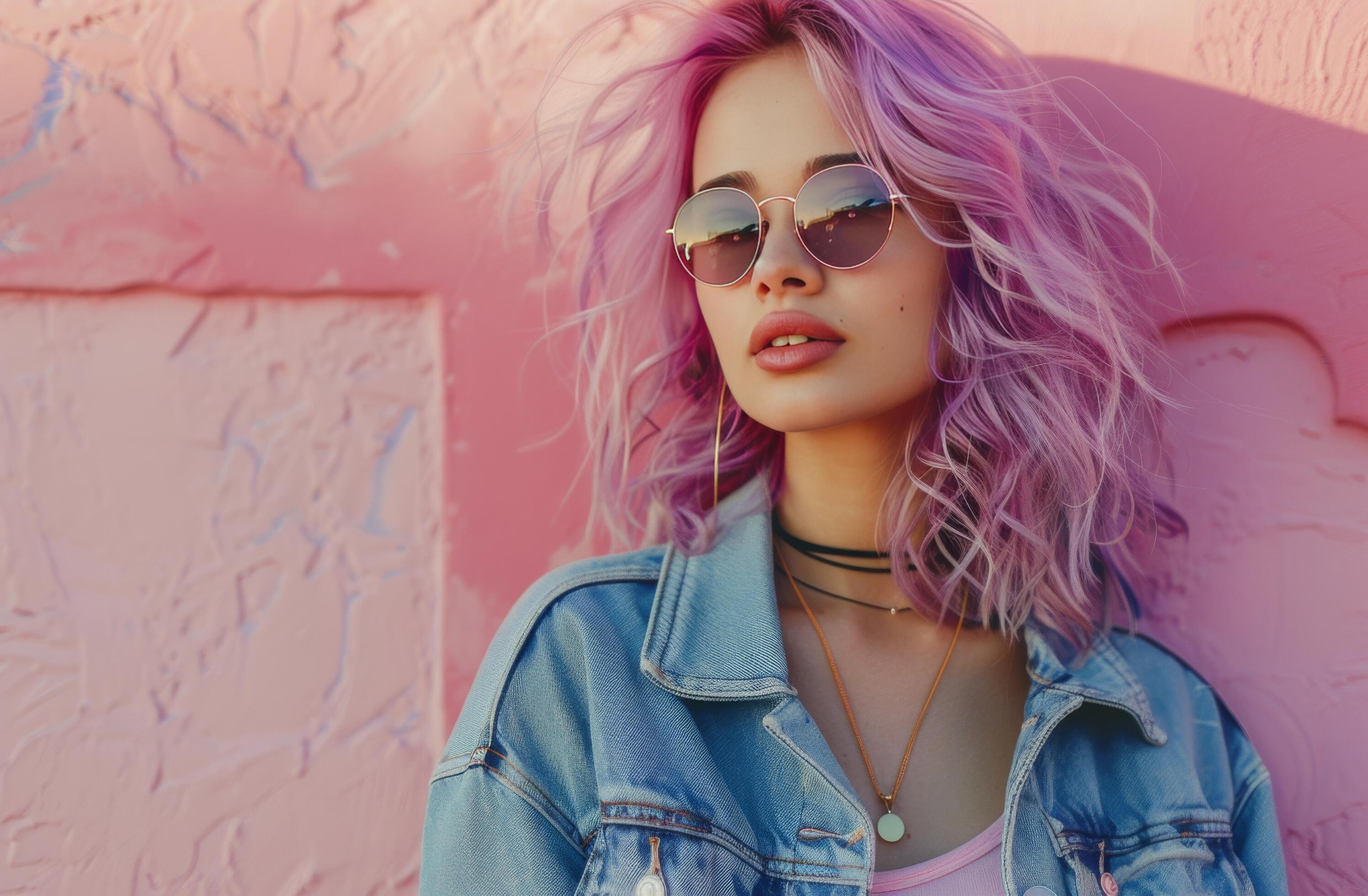 Young Woman With Purple Hair Wearing Sunglasses Against Pink Wall Stock Free