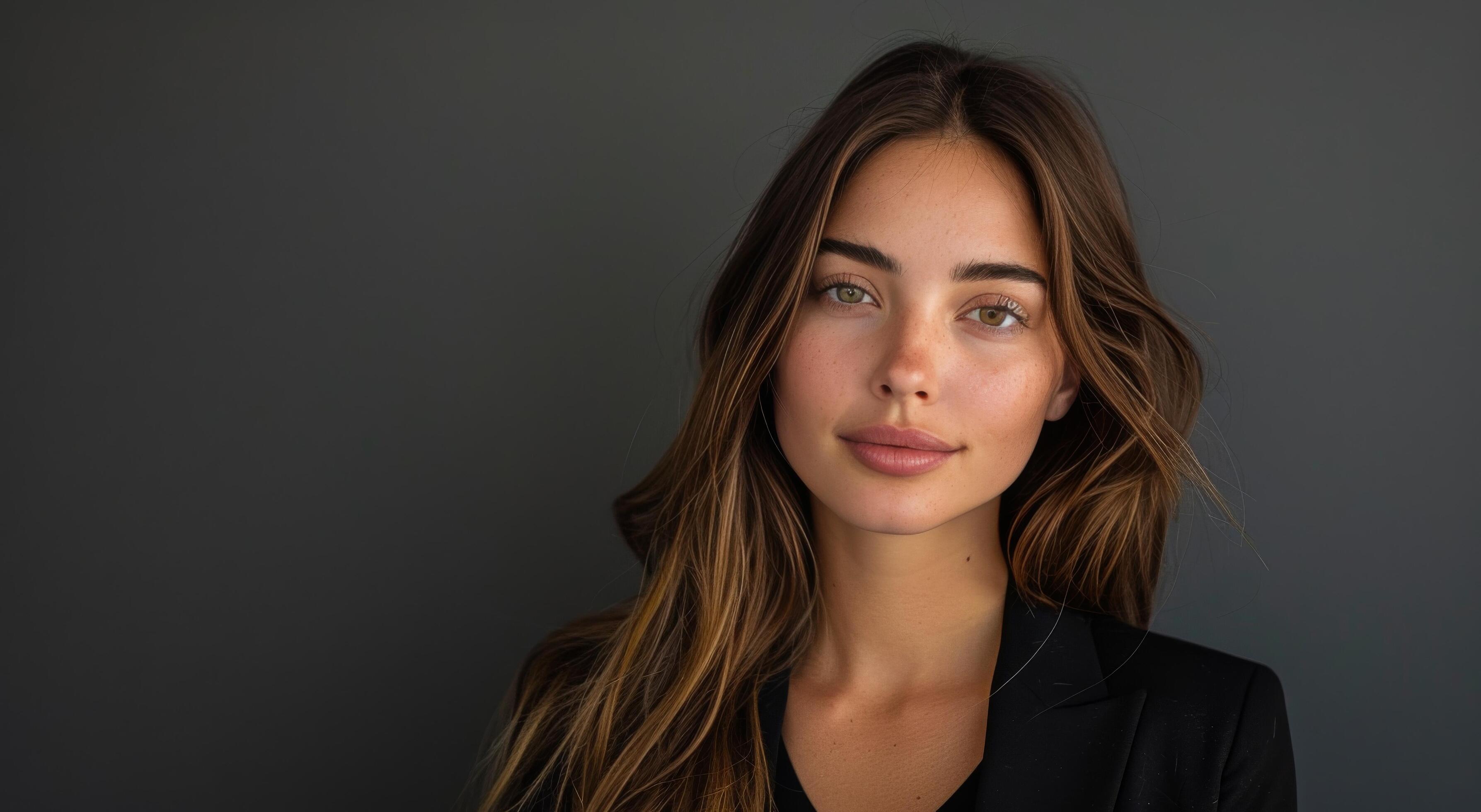 Portrait of a Woman With Long Brown Hair Wearing a Black Blazer Against a Dark Background Stock Free