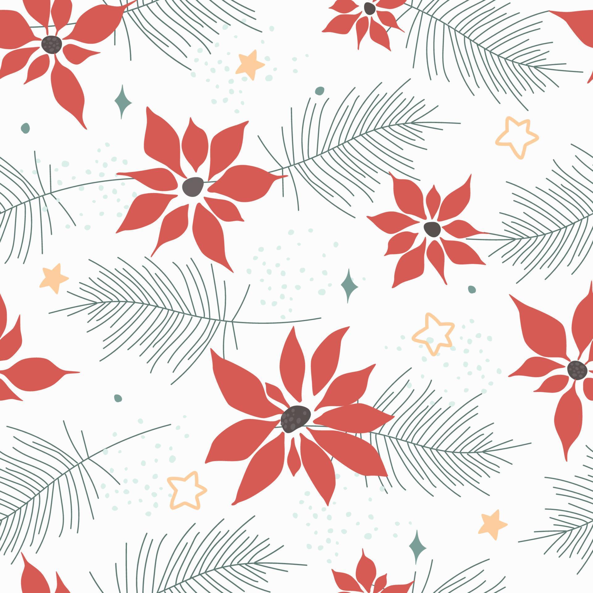 Seamless pattern with Christmas poinsettia flower. Winter New Year’s print with snowflakes, spruce branches. Vector graphics. Stock Free