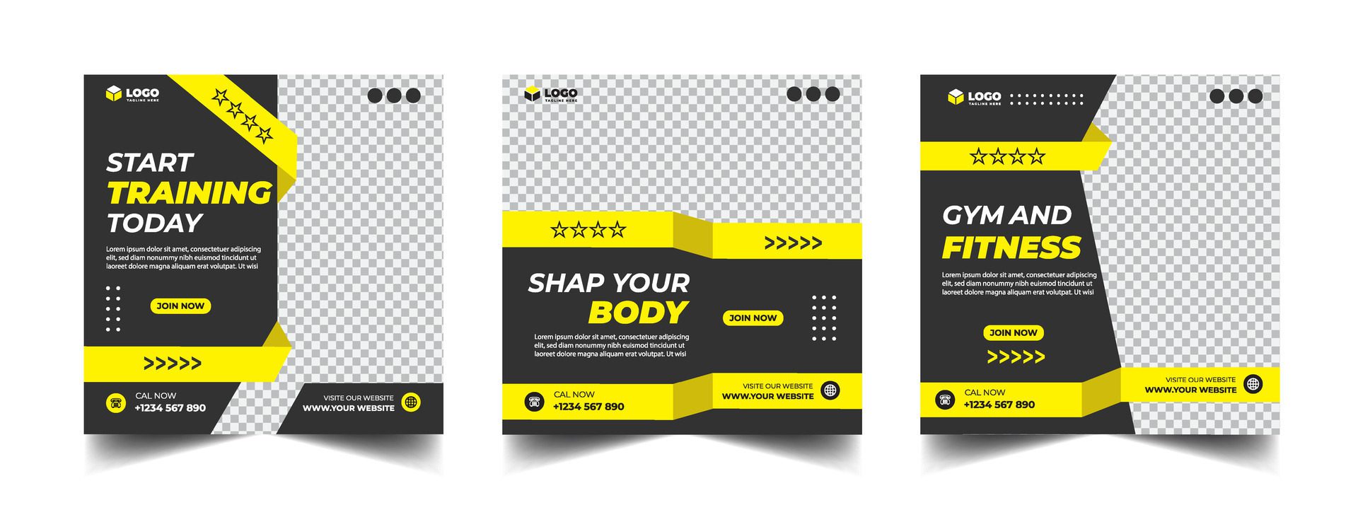 Gym, fitness, and sports social media post template design set. Usable for social media, banner, and website. Free Vector