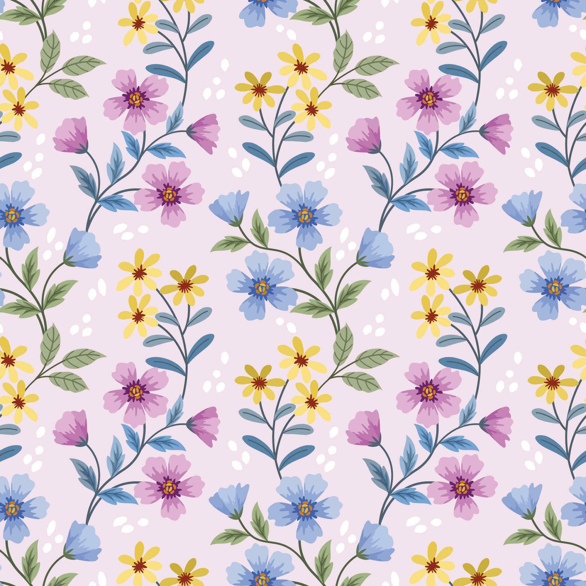 Cute small pink yellow and blue flowers with green leaf seamless pattern. Stock Free