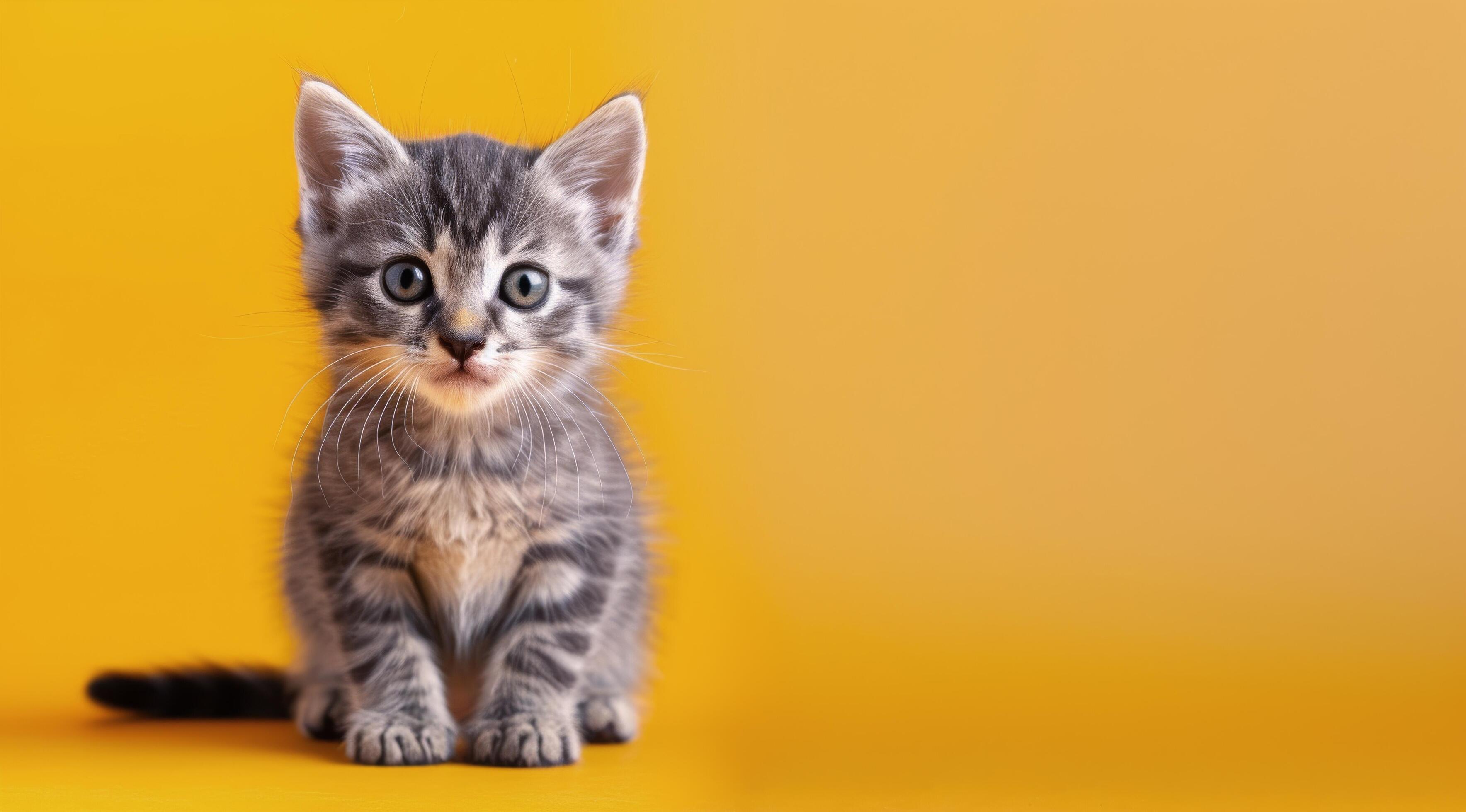 Playful Gray Tabby Kitten Sitting Against a Bright Yellow Background Stock Free