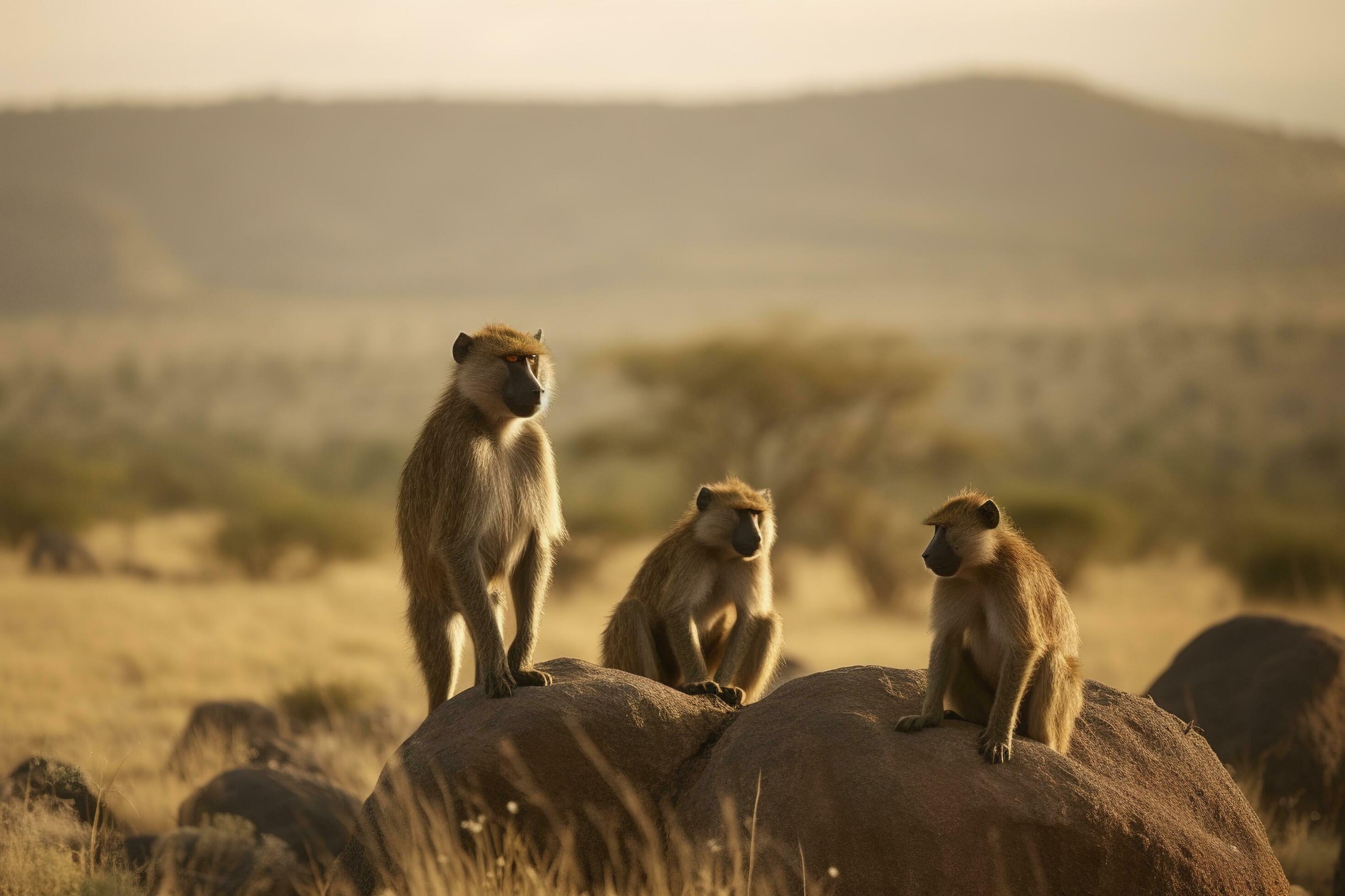 A family of baboons perched on a rocky, generate ai Stock Free