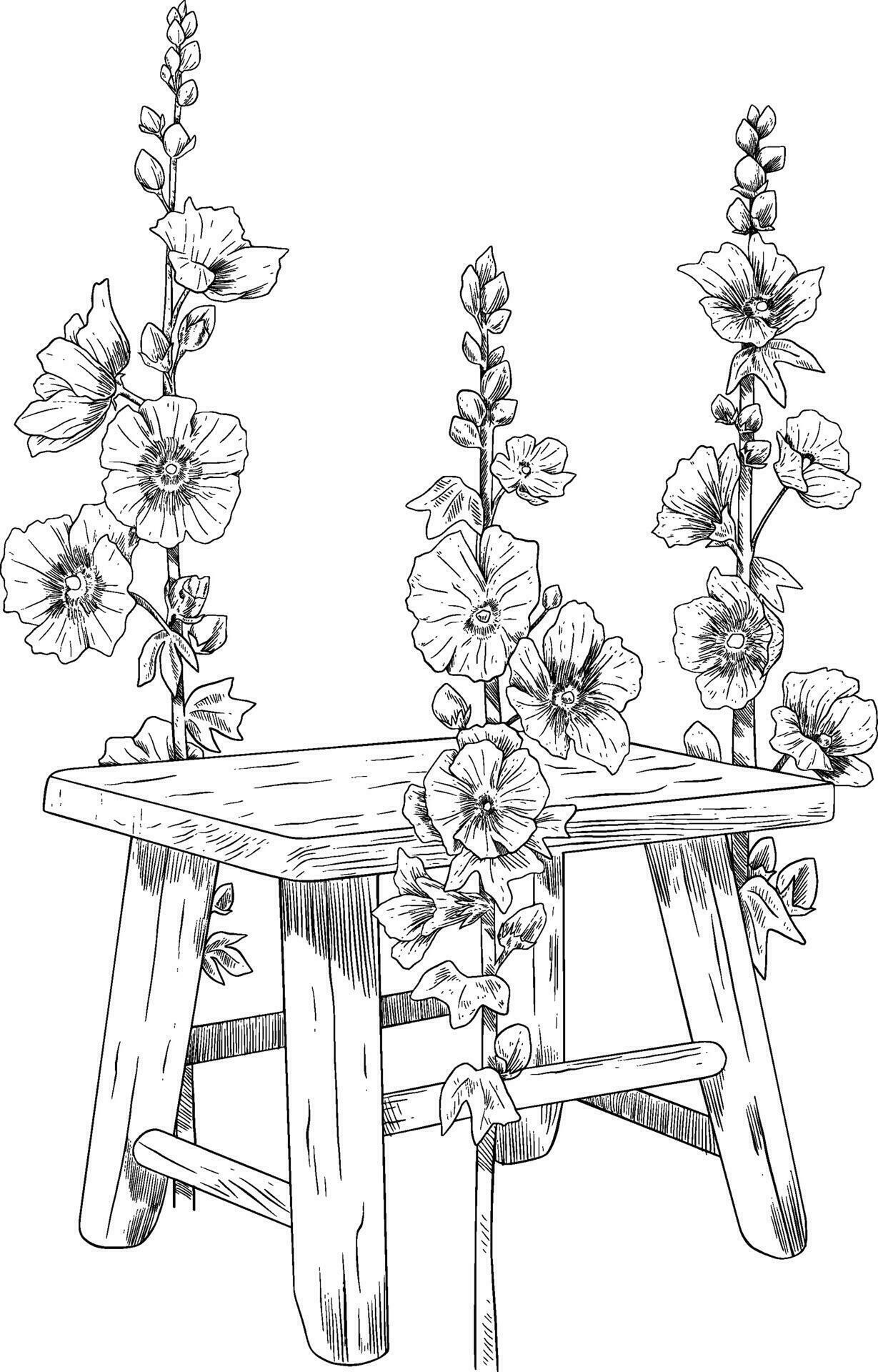 Flower and wood chair botanical sketch illustration Stock Free