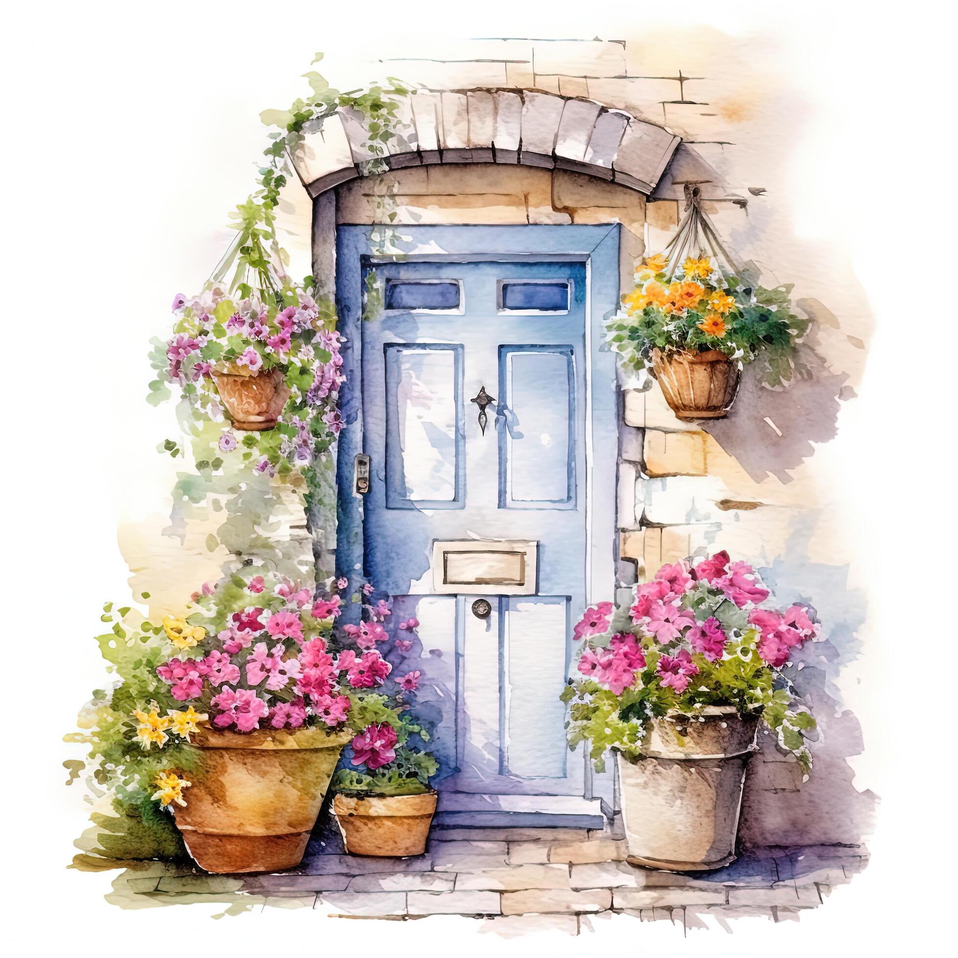 Cozy door with flowers watercolor. Illustration Stock Free