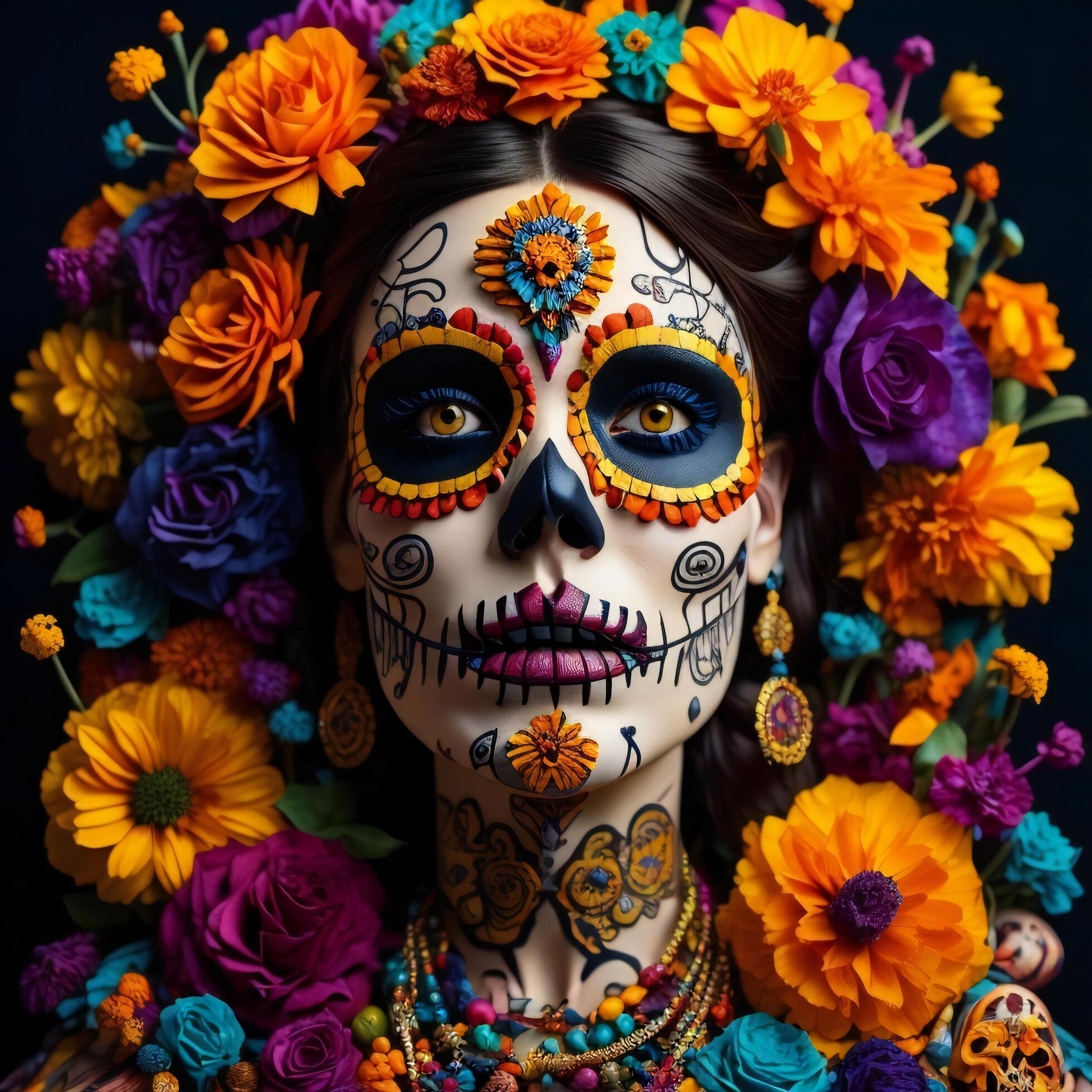 Day of the Dead sugar skull woman with colorful flowers background, close up. Stock Free