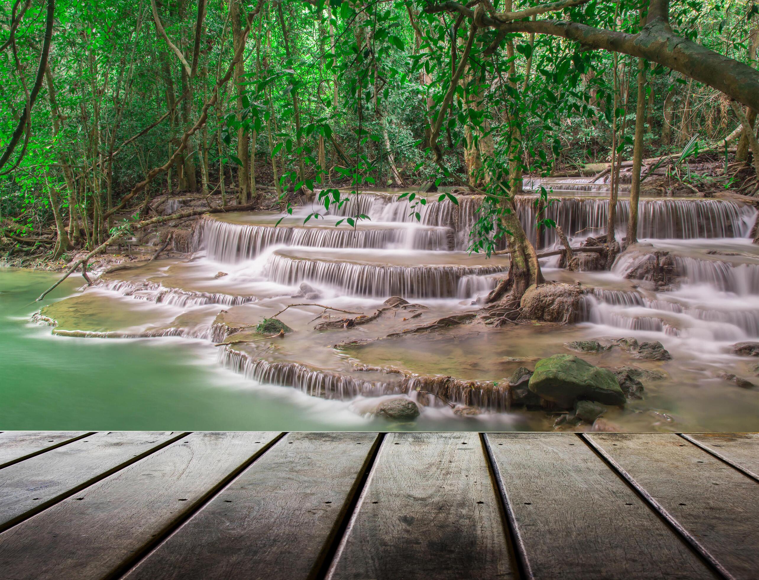 Wooden floor and waterfall fresh nature Stock Free