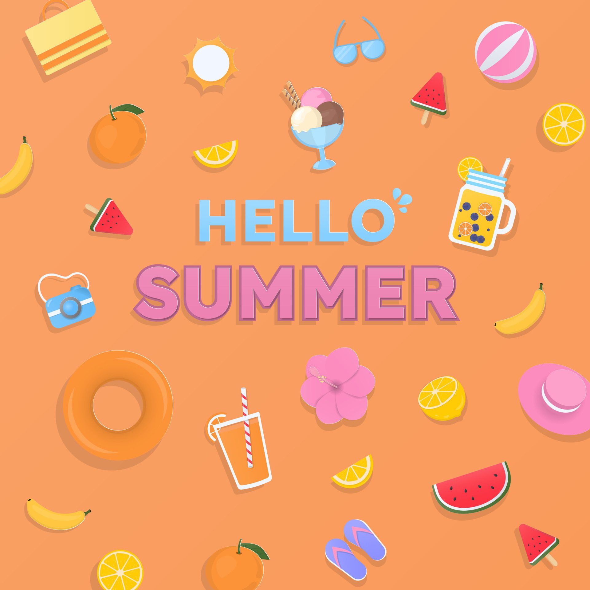 Hello summer banner with cute summer elements Free Vector