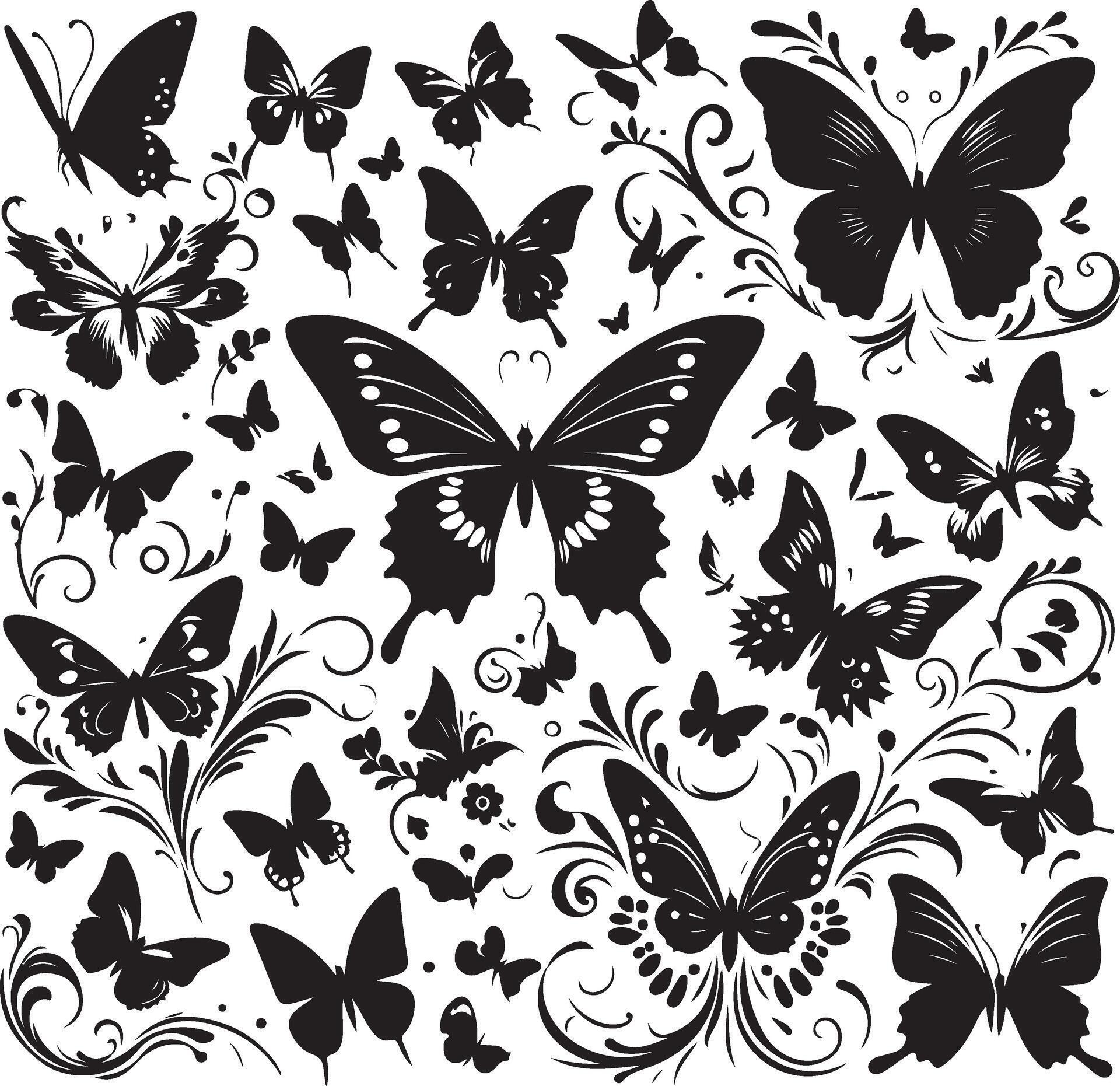 Butterflies and flowers, pattern with butterflies, set of butterflies, Flying butterflies silhouette black set isolated on white background Stock Free