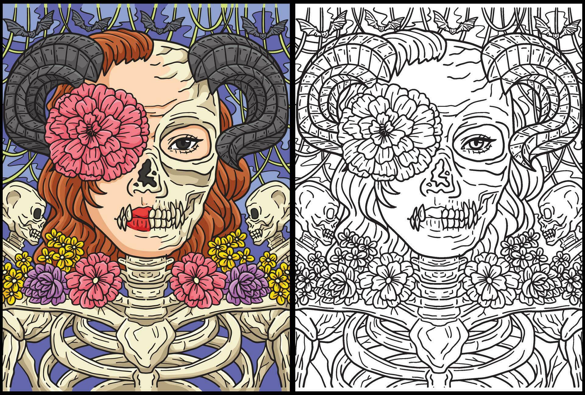 Halloween Skull Flower Coloring Page Illustration Stock Free