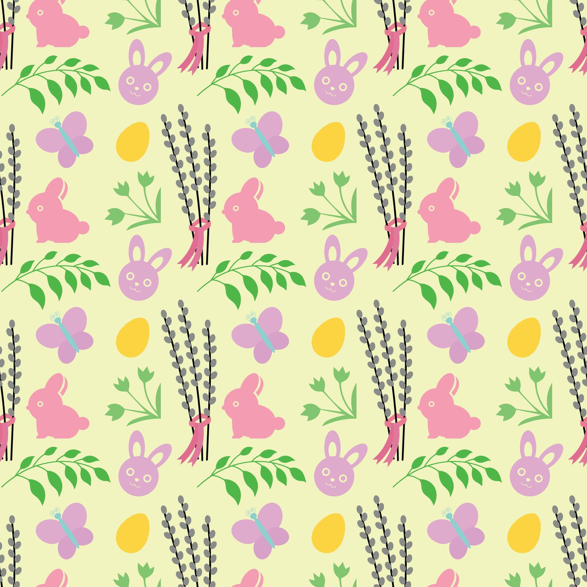 Happy Easter seamless pattern. Easter eggs, willow trees, bugs and flower Stock Free