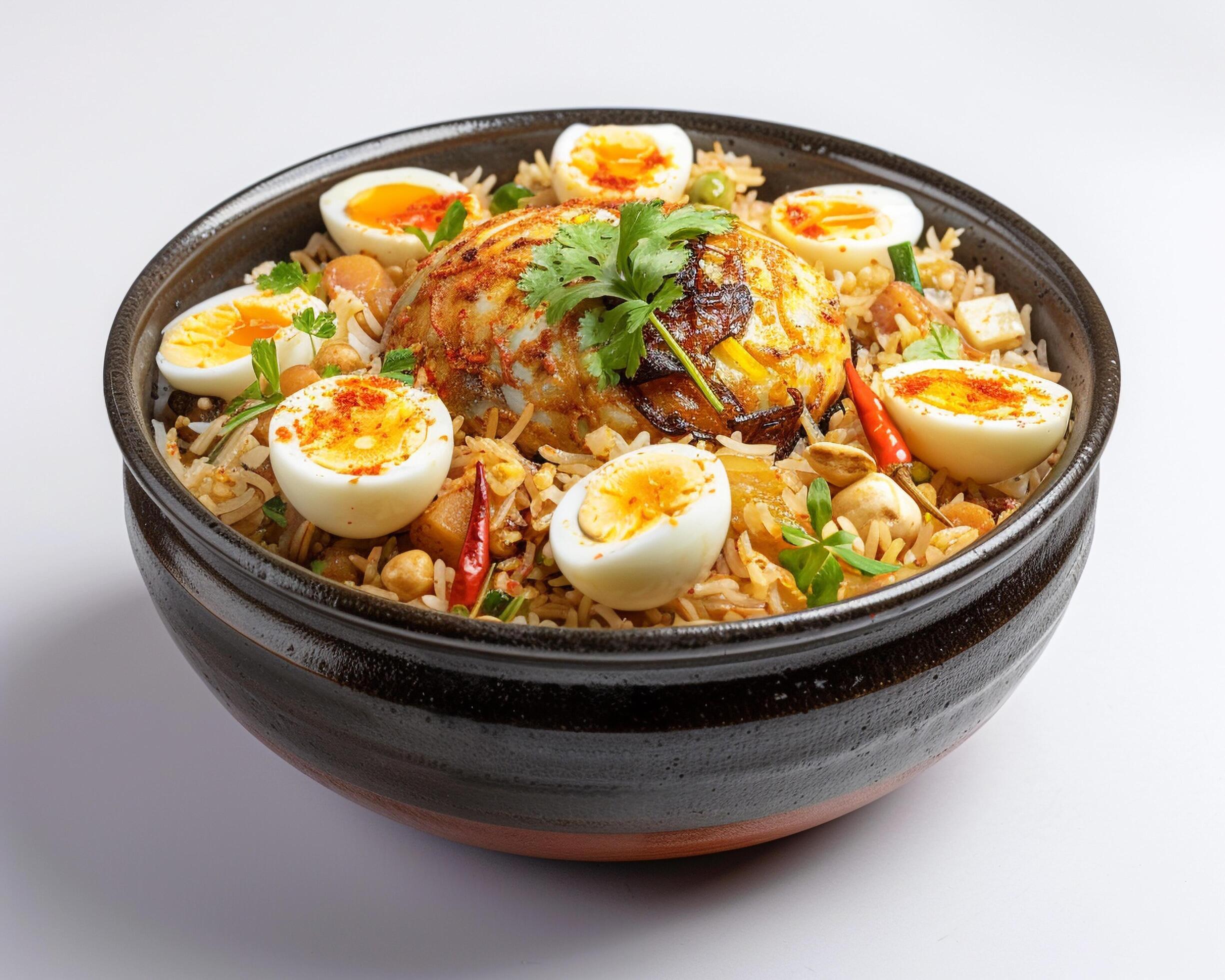 a bowl of rice with eggs and vegetables Stock Free